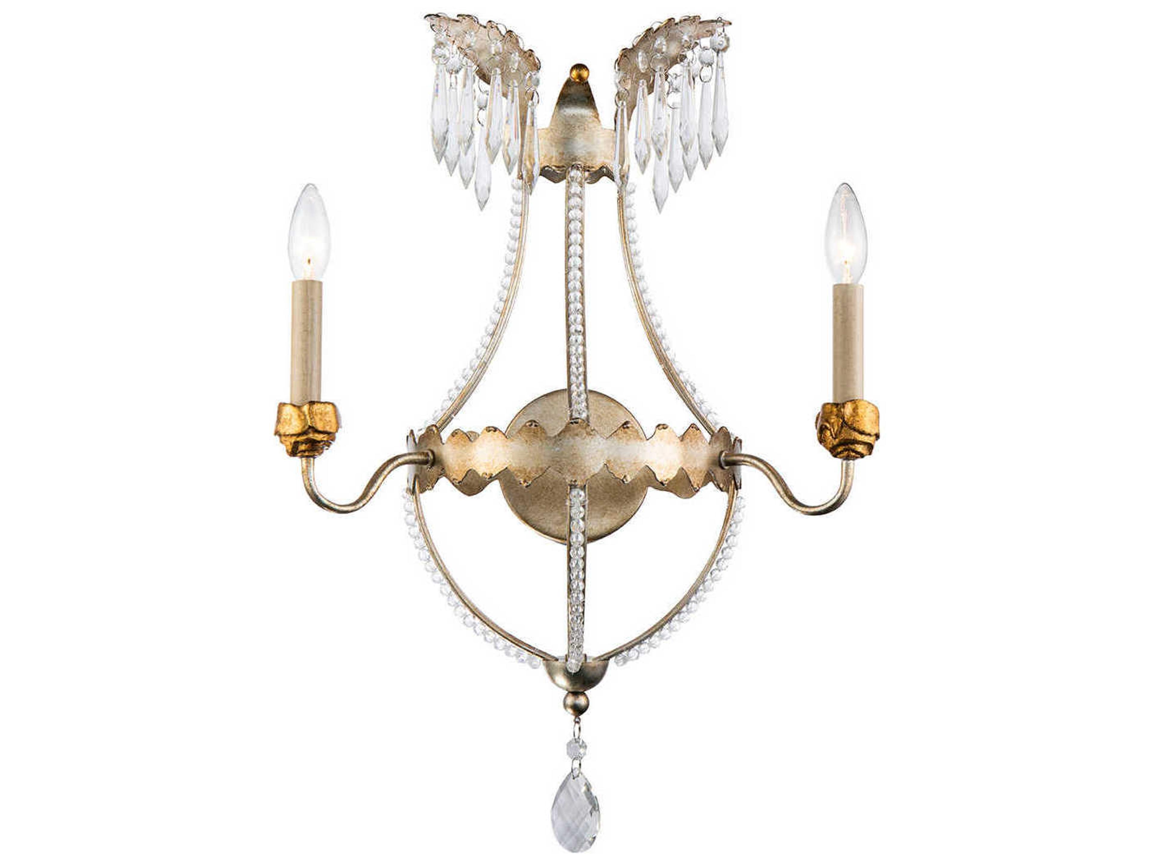 2-Light Distressed Silver Gold Crystal Wall Sconce