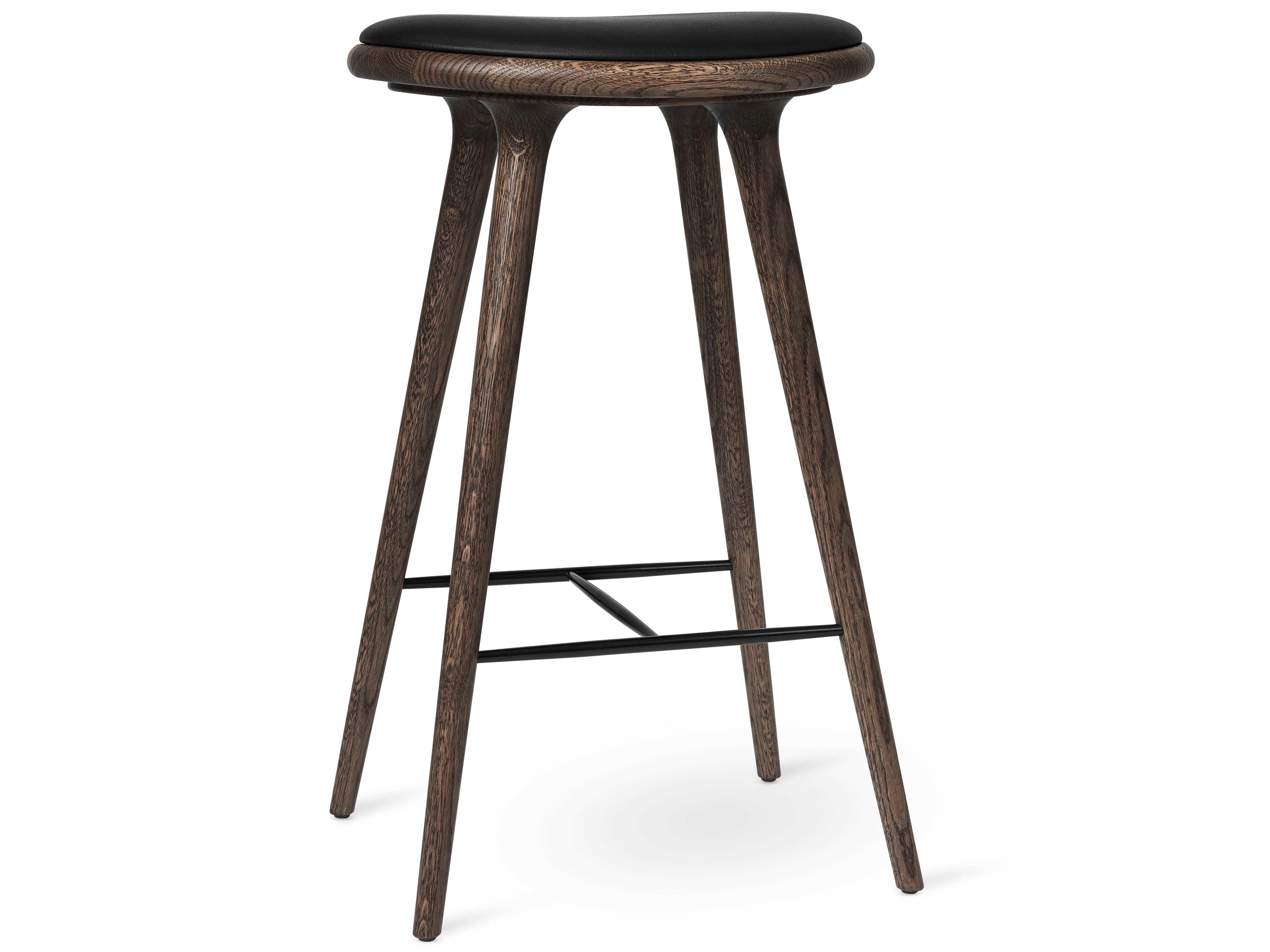 High Stool Dark Stained Oak Leather Bar Stool