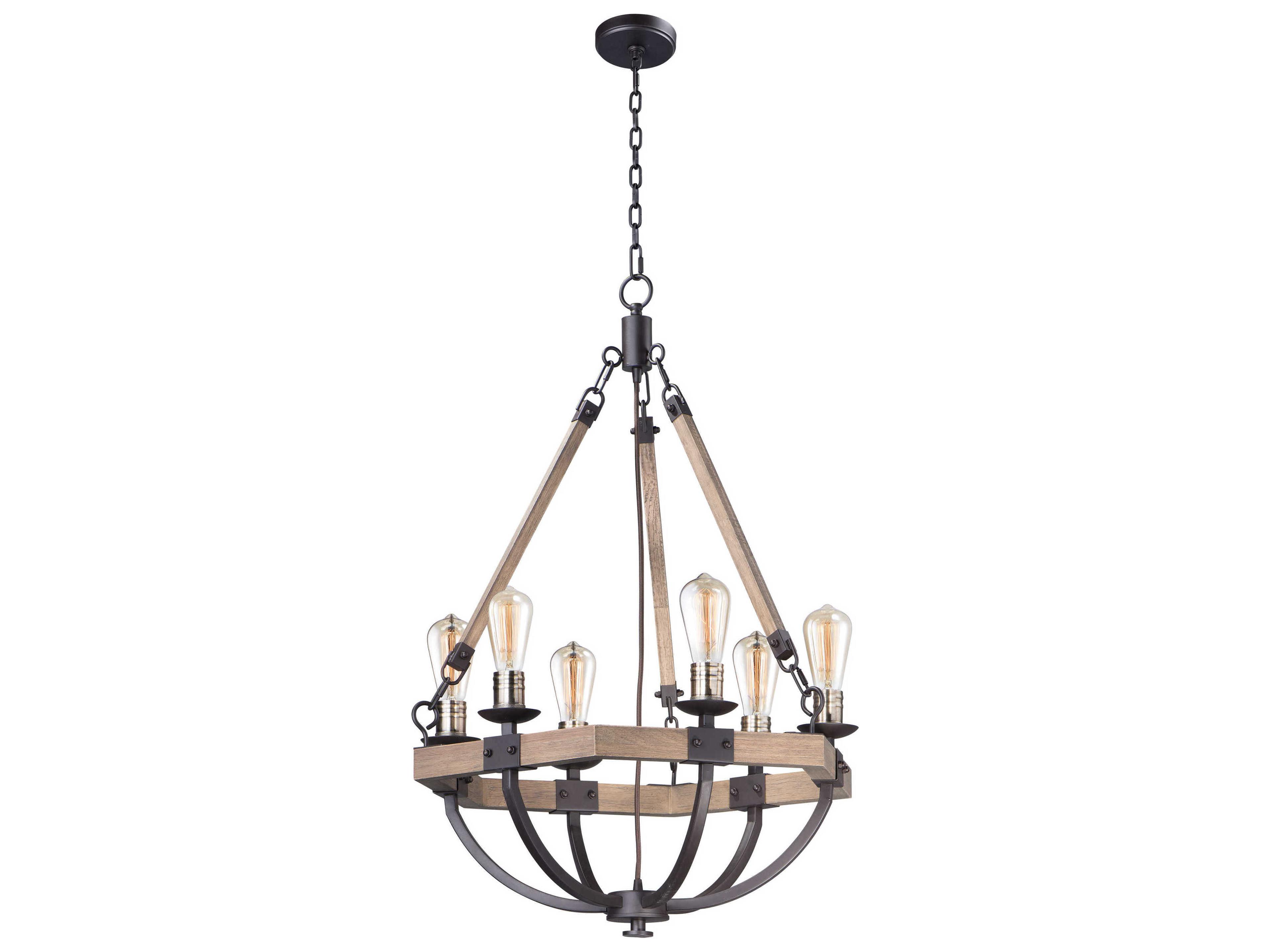 Lodge 6-Light Weathered Oak Bronze Wood Bowl Candelabra Geometric Chandelier