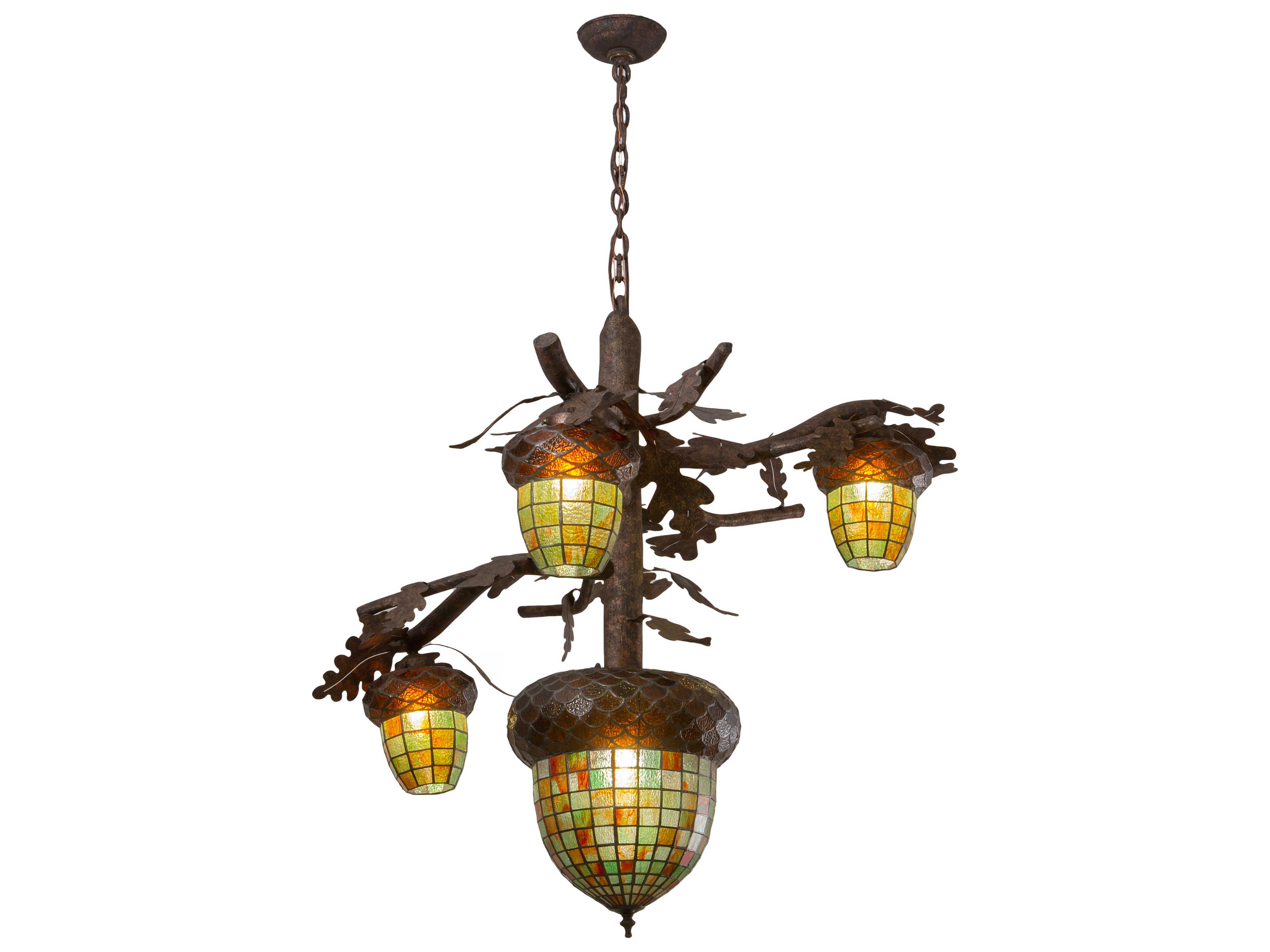 Acorn 3 1-Light Ruby Amber Green Chocolate Grey Brown Glass Tiffany Bell Chandelier