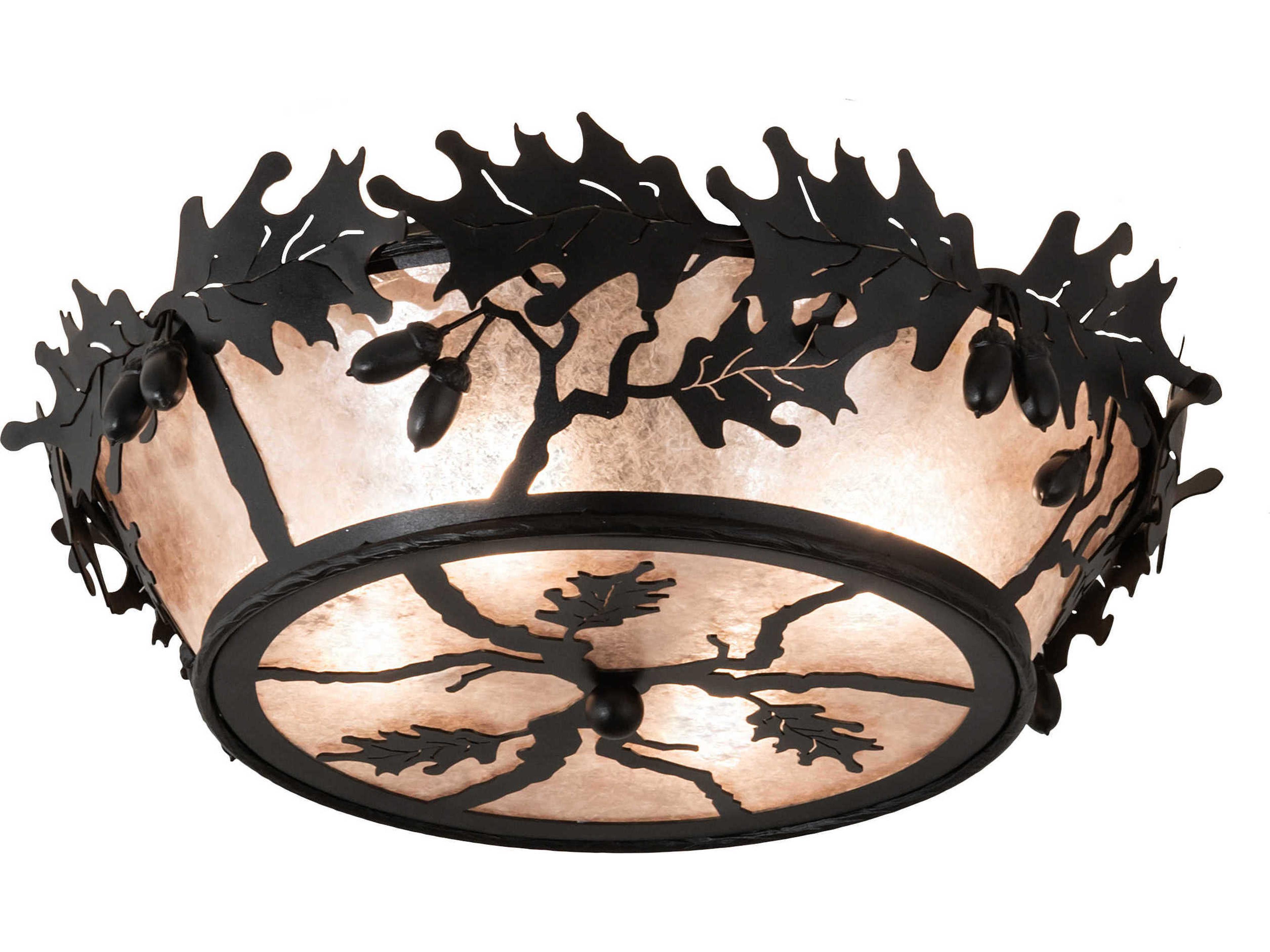 Oak Leaf & Acorn 4-Light Black Silver Mica Glass Flush Mount