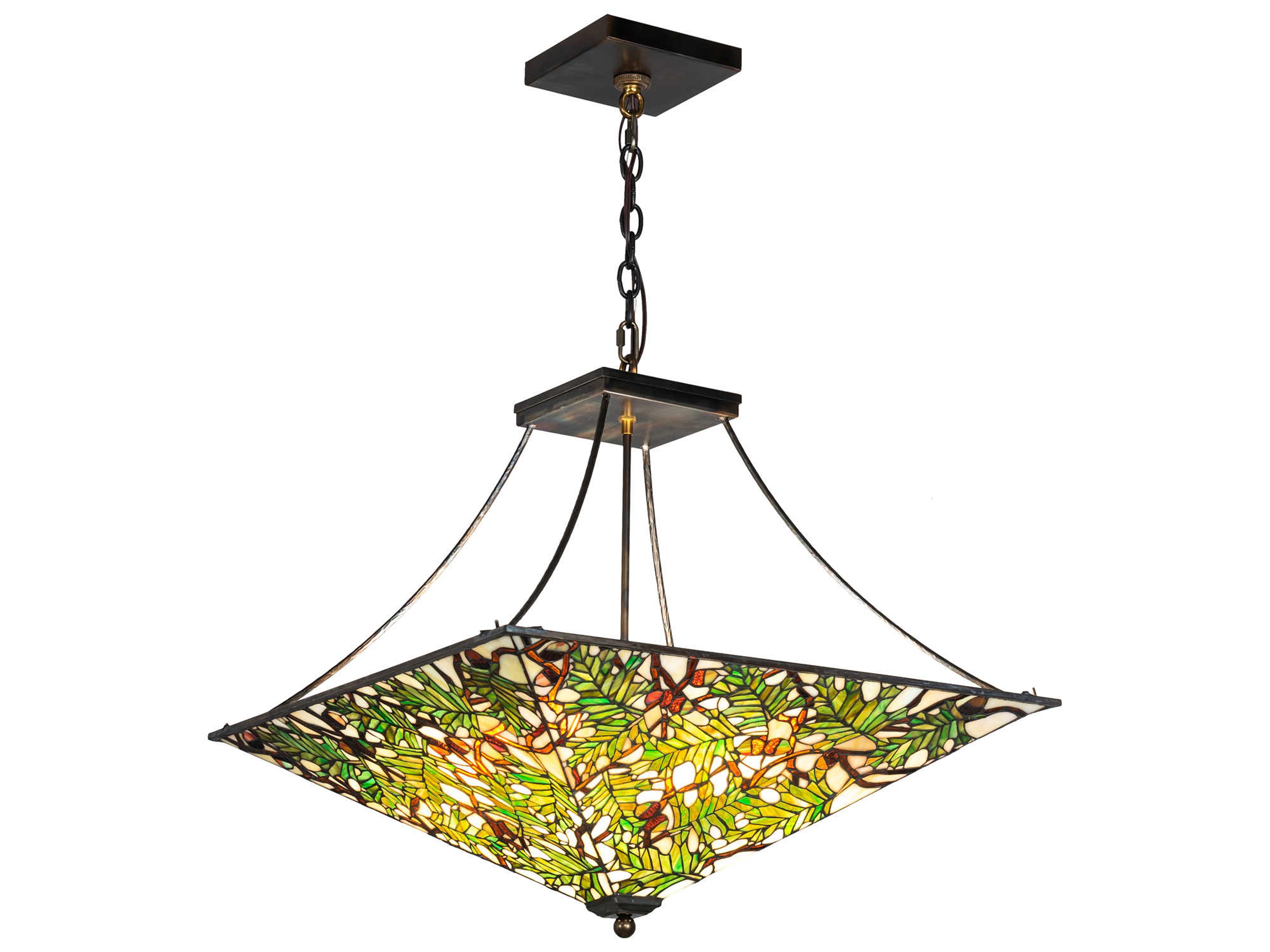 Oak Leaf & Acorn 4 4-Light Antique Copper Glass Tiffany Pendant