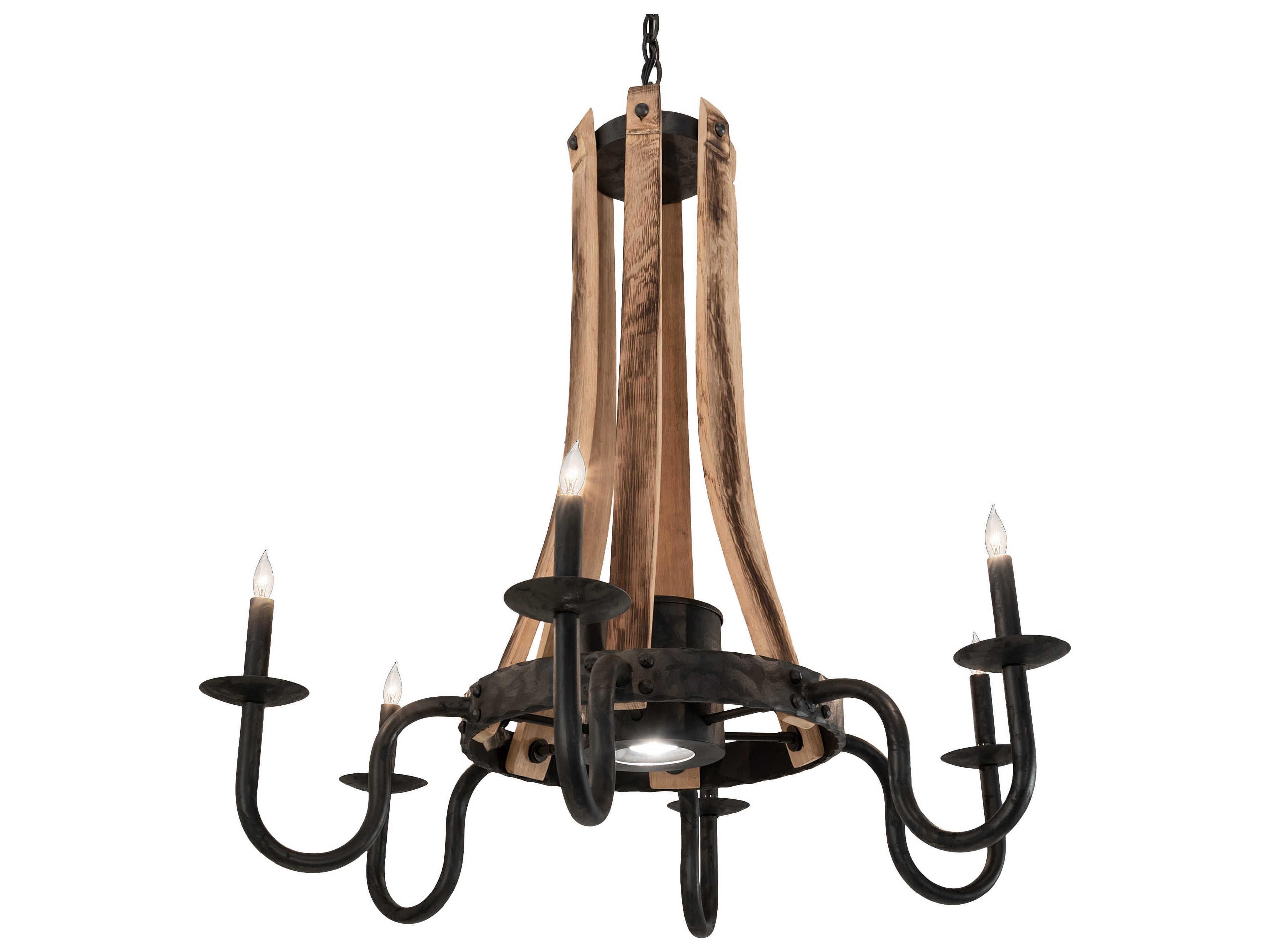 Barrel Stave 7-Light Natural Wood Black Candelabra Chandelier