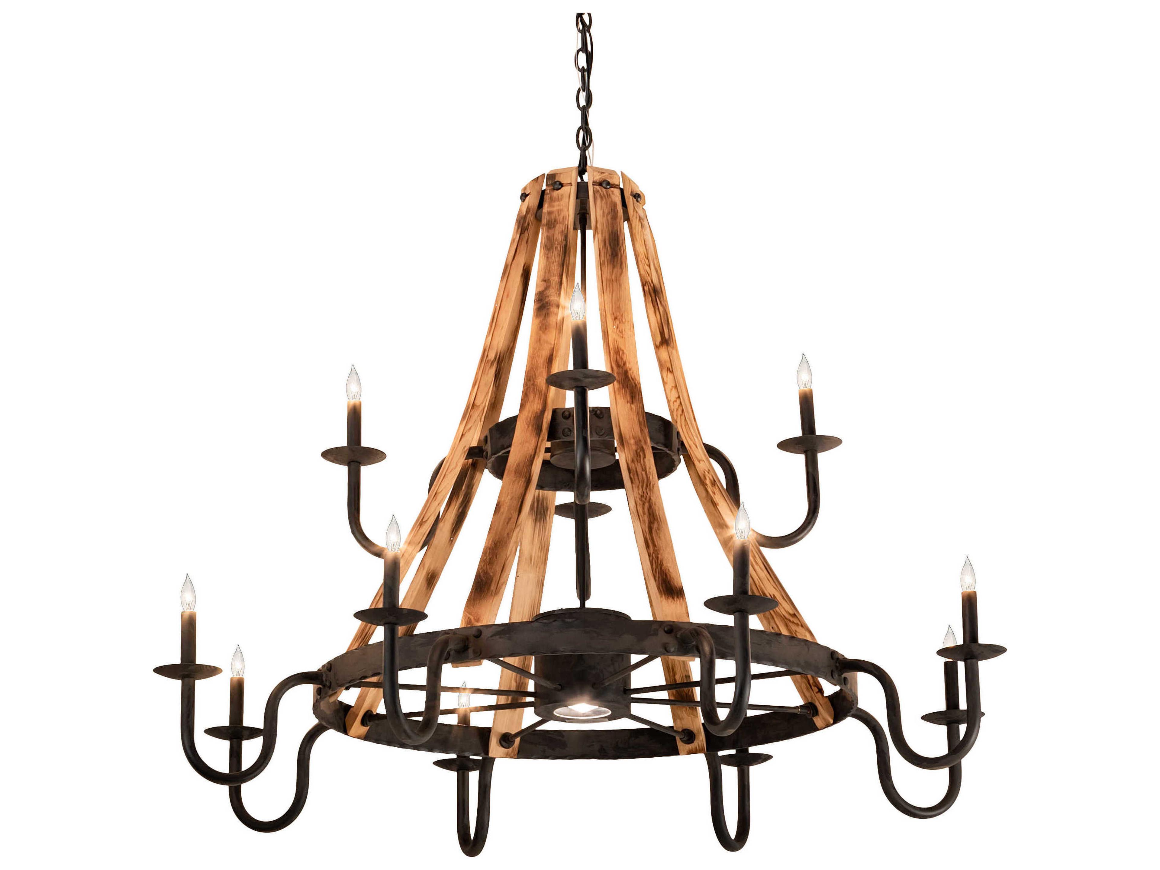 Barrel Stave 12 1-Light Natural Wood Black Candelabra Tiered Chandelier