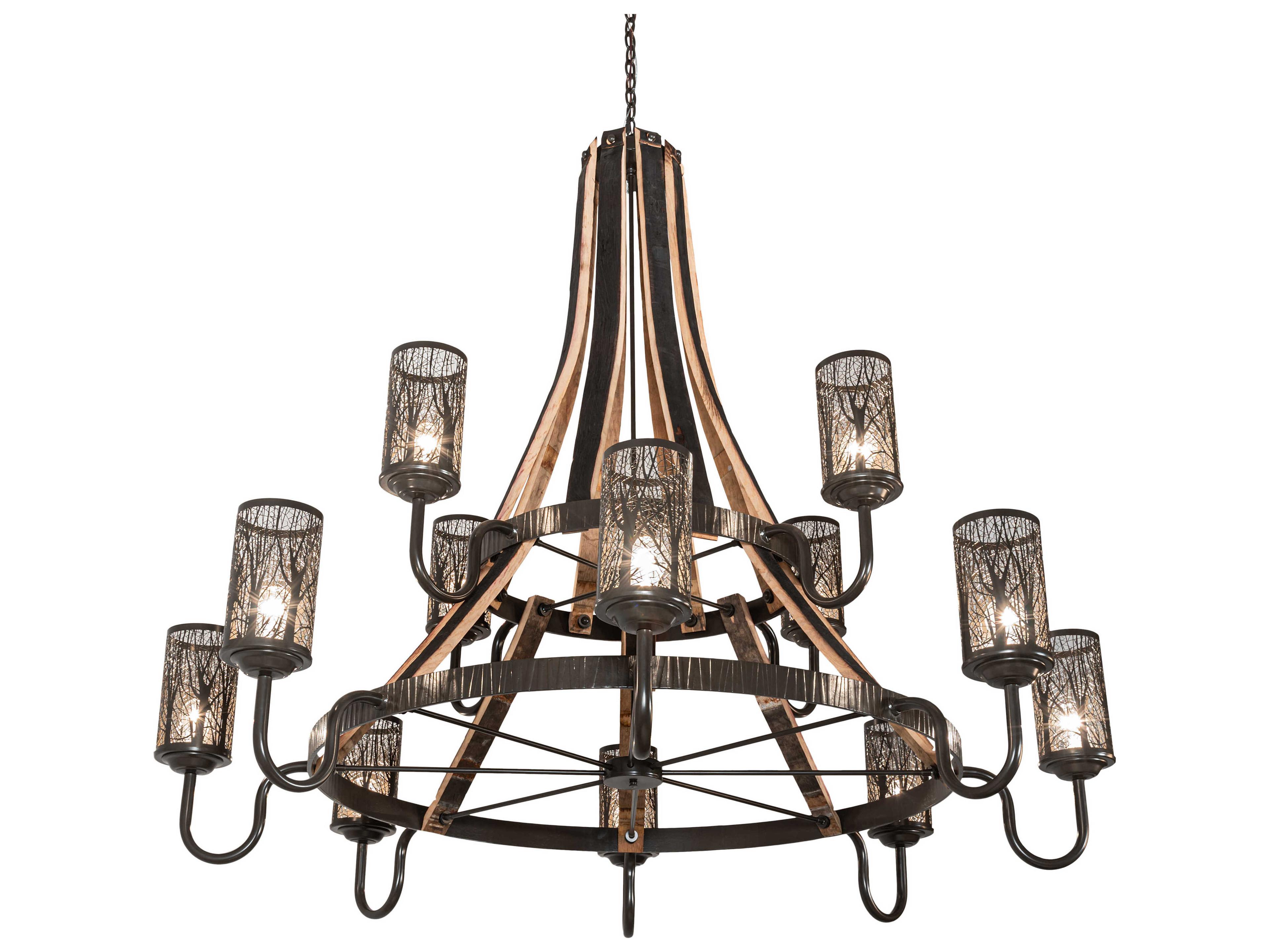 Barrel Stave 12-Light Natural Wood Timeless Bronze Cylinder Tiered Chandelier