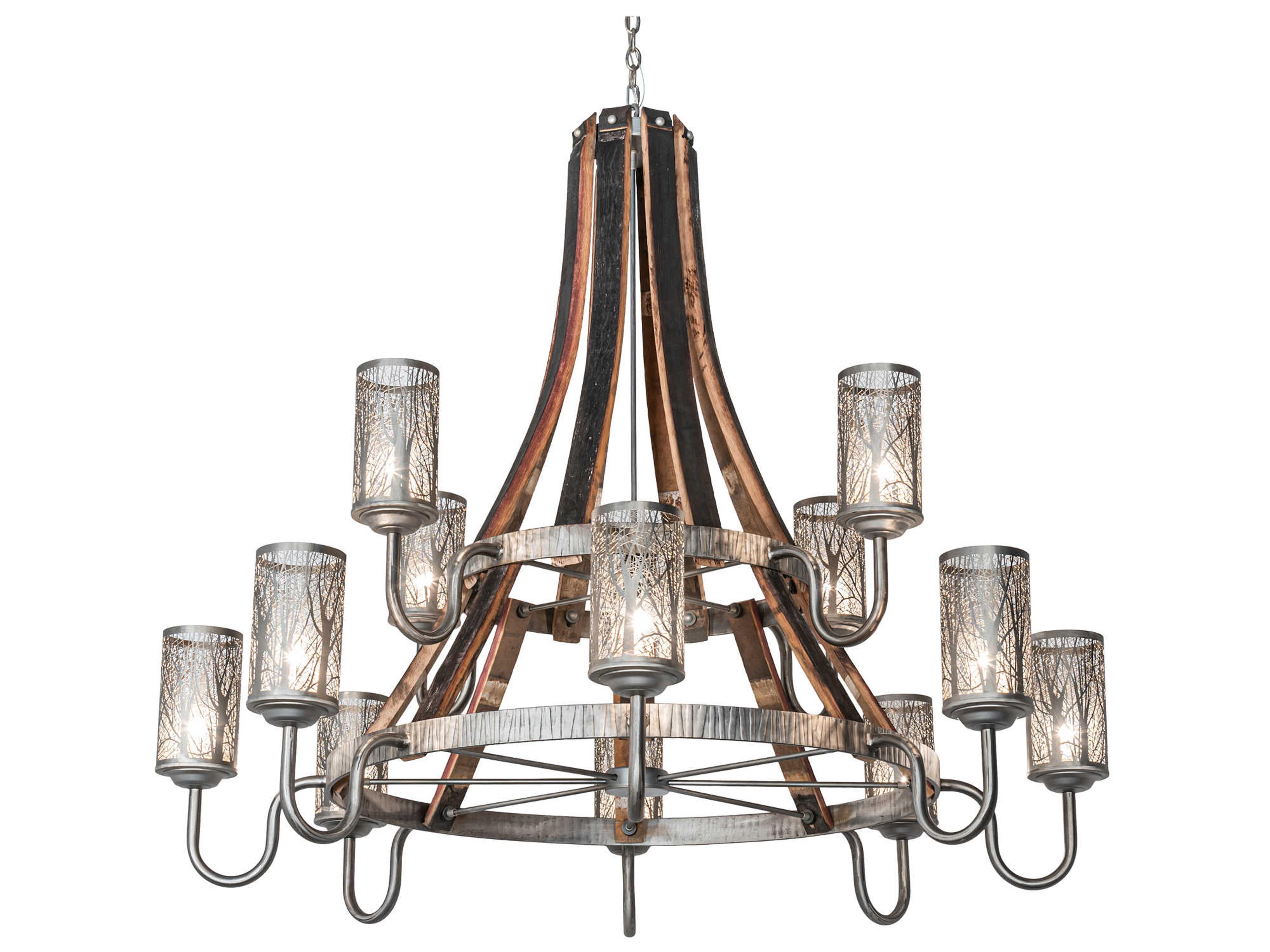 Barrel Stave 12-Light Steel Natural Wood Cylinder Tiered Chandelier