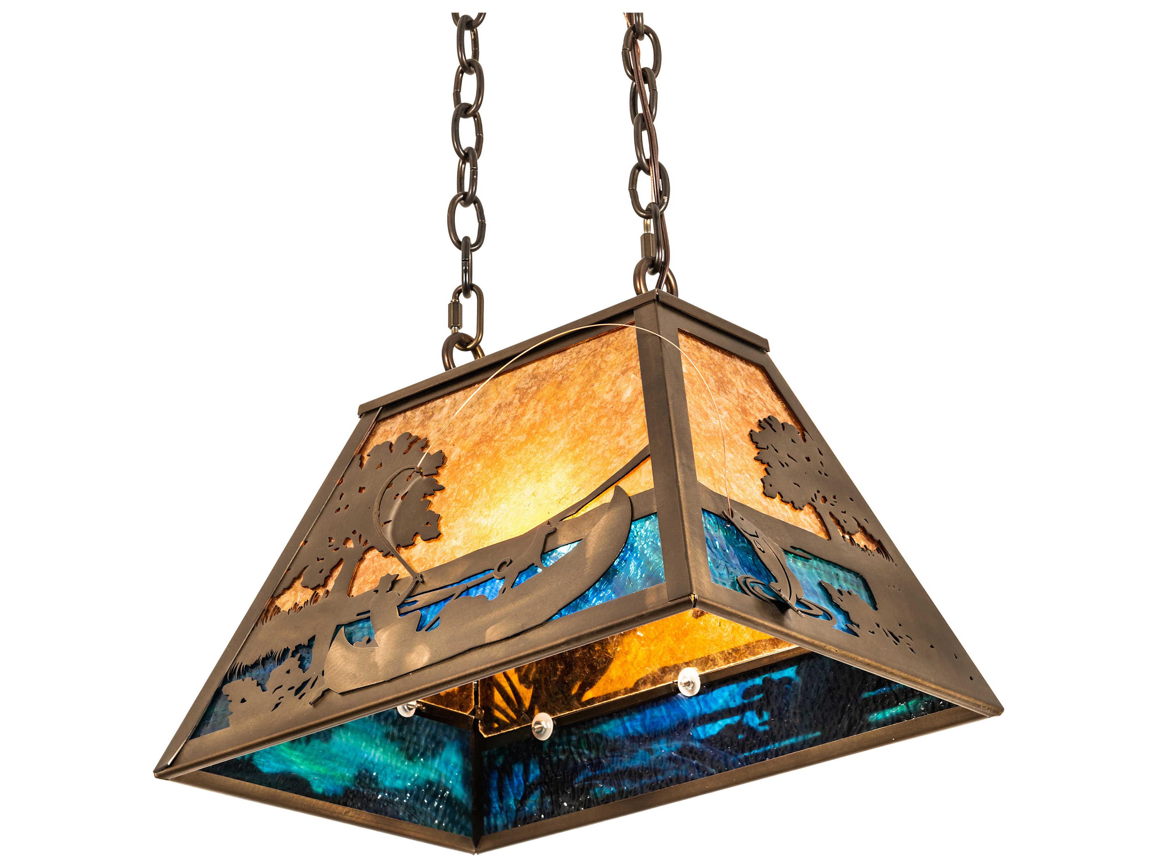 Bass And Fisherman 1-Light Antique Copper Blue Glass Tiffany Island Pendant