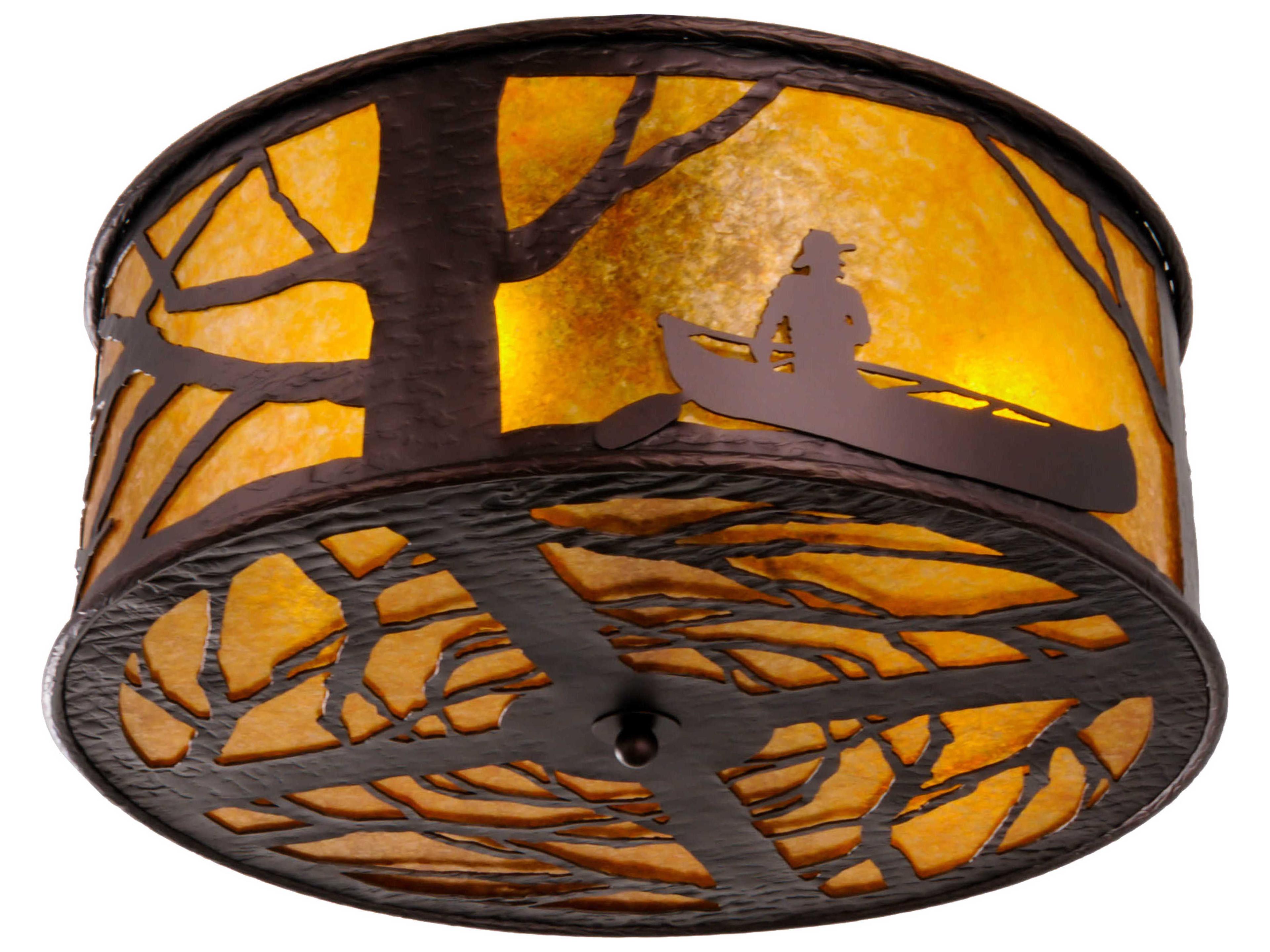 Canoe At Lake 4-Light Mahogany Bronze amber Drum Flush Mount