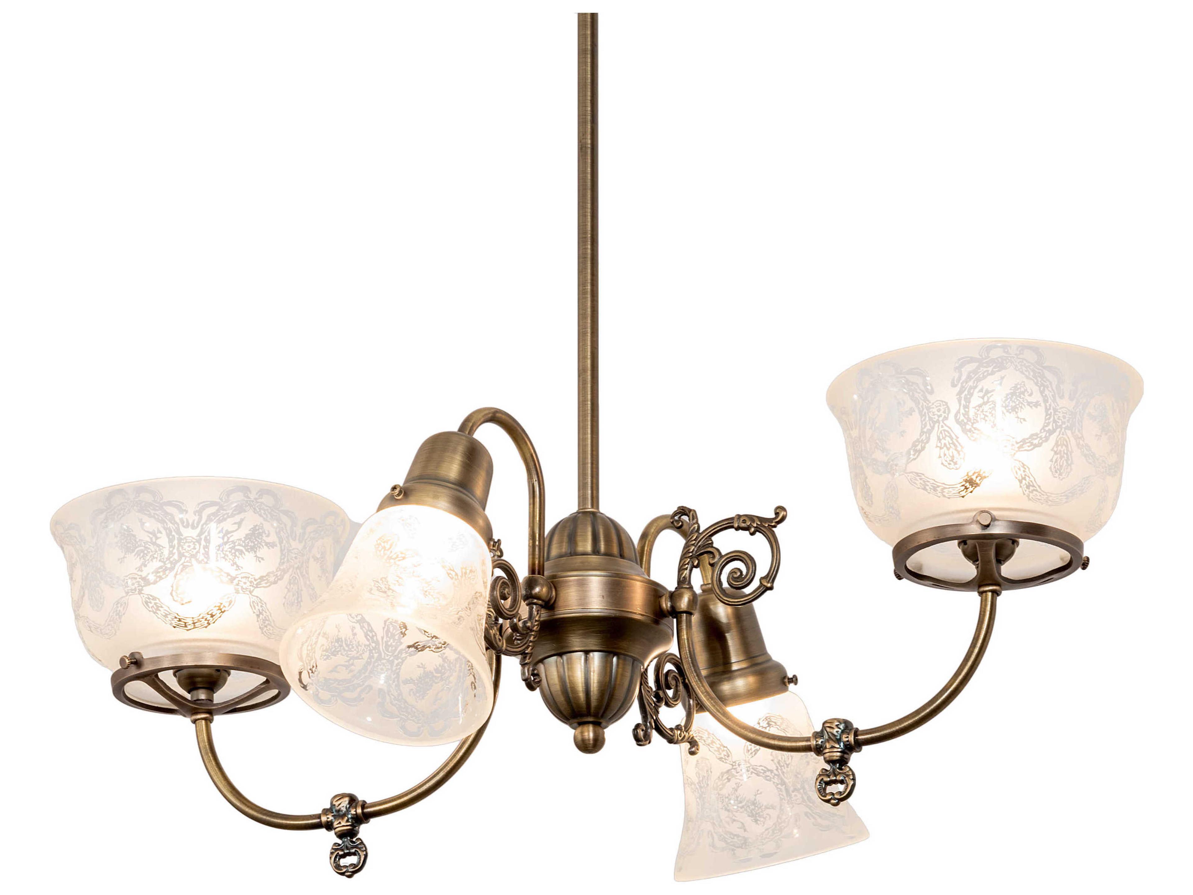Revival Gas And Electric 4-Light Brass Glass Bell Bowl Chandelier