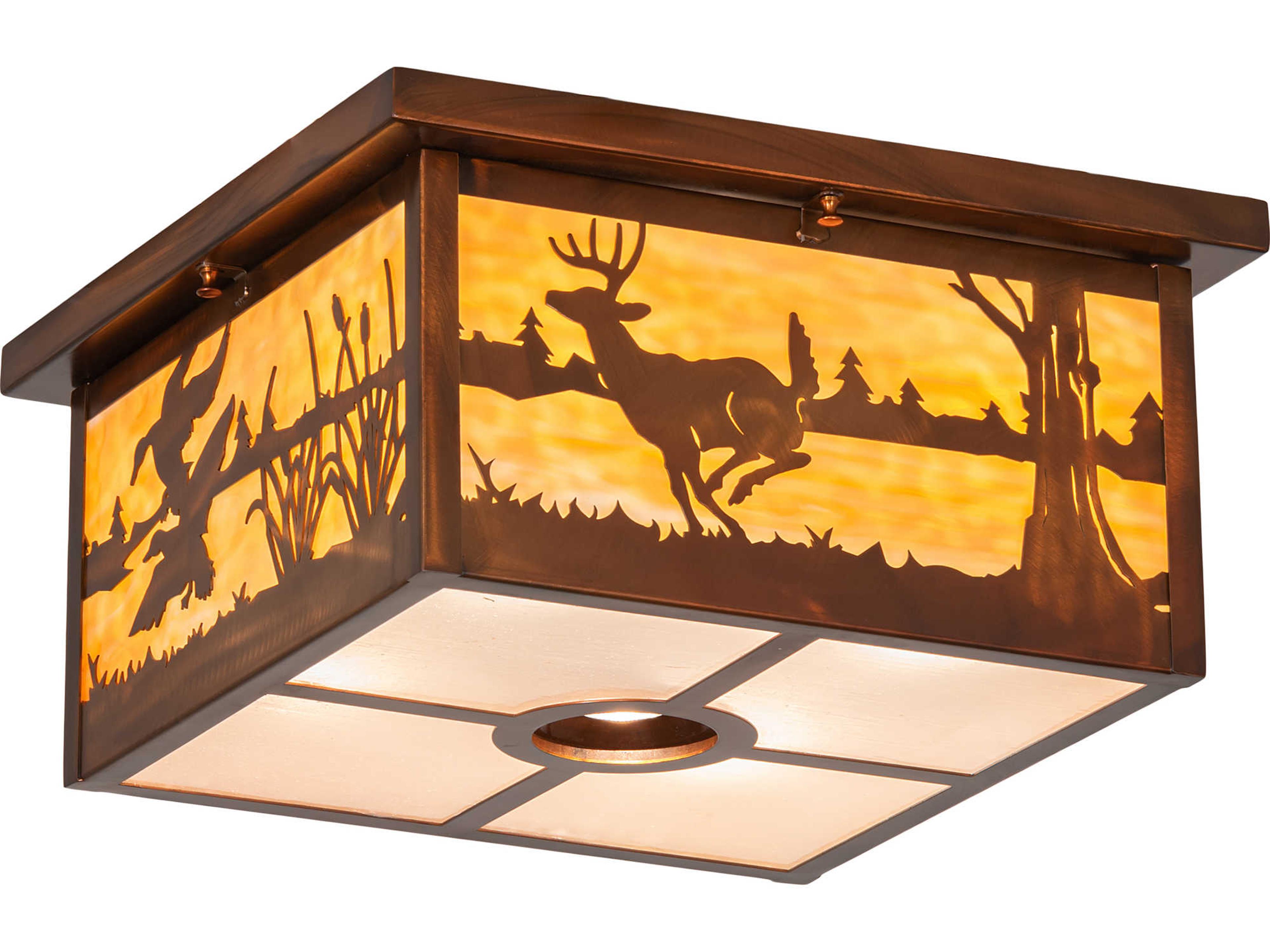 Deer At Lake 5-Light Vintage Copper Glass Geometric Flush Mount