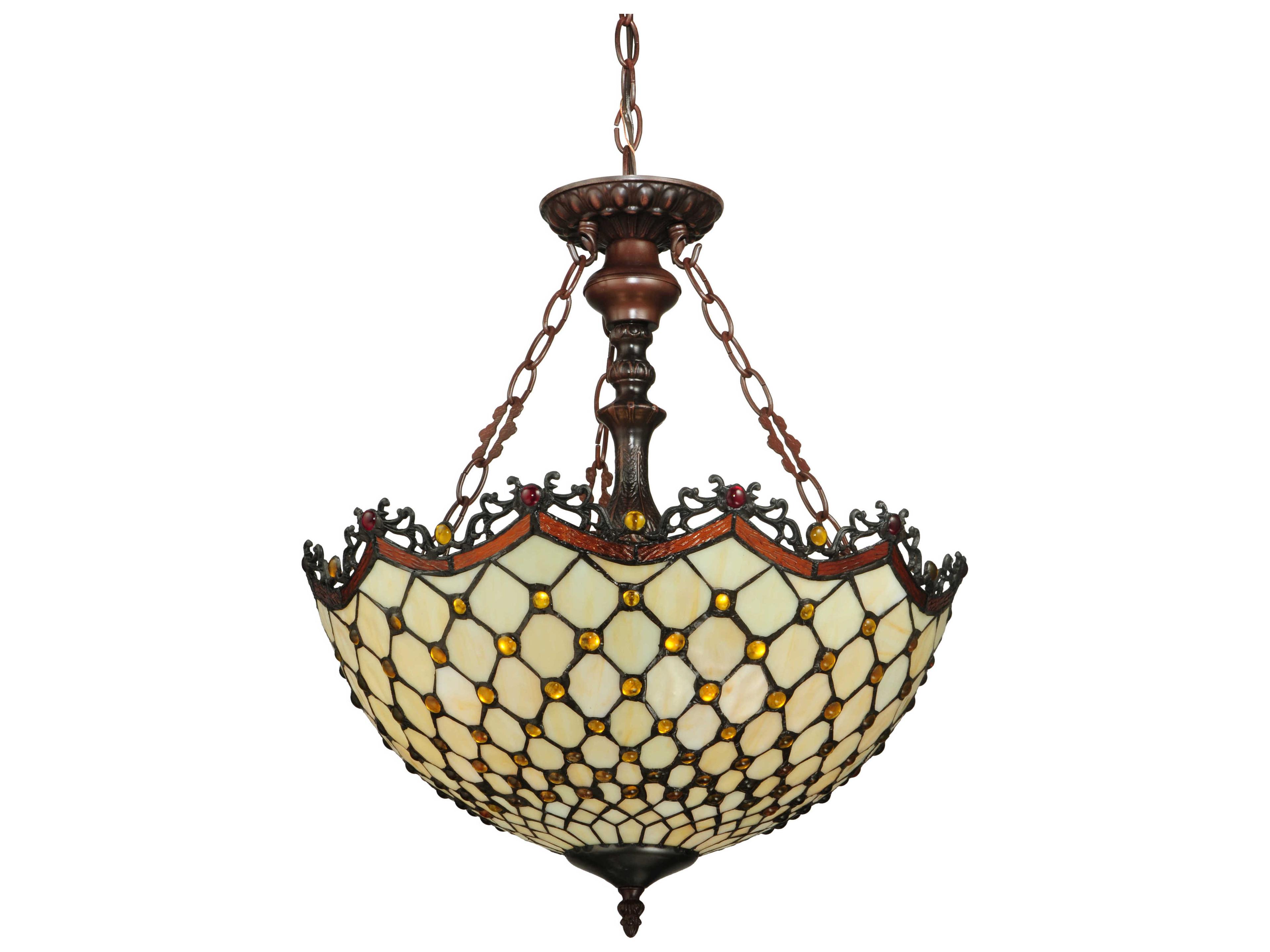 Diamond & Jewel 3-Light Bronze Tiffany Bowl Pendant