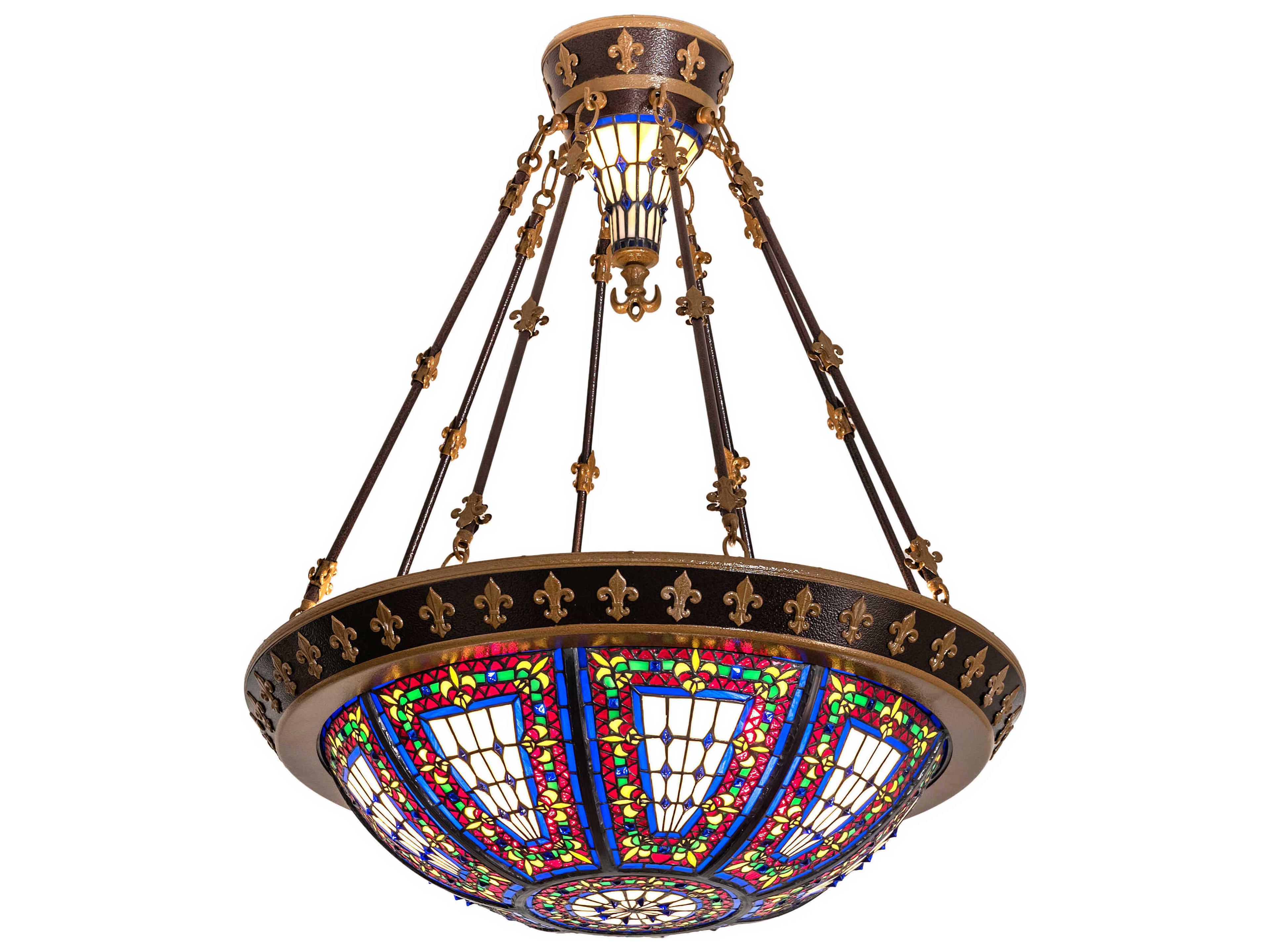 Fleur-de-lis 4 2-Light Blue Glass Tiffany Bowl Pendant