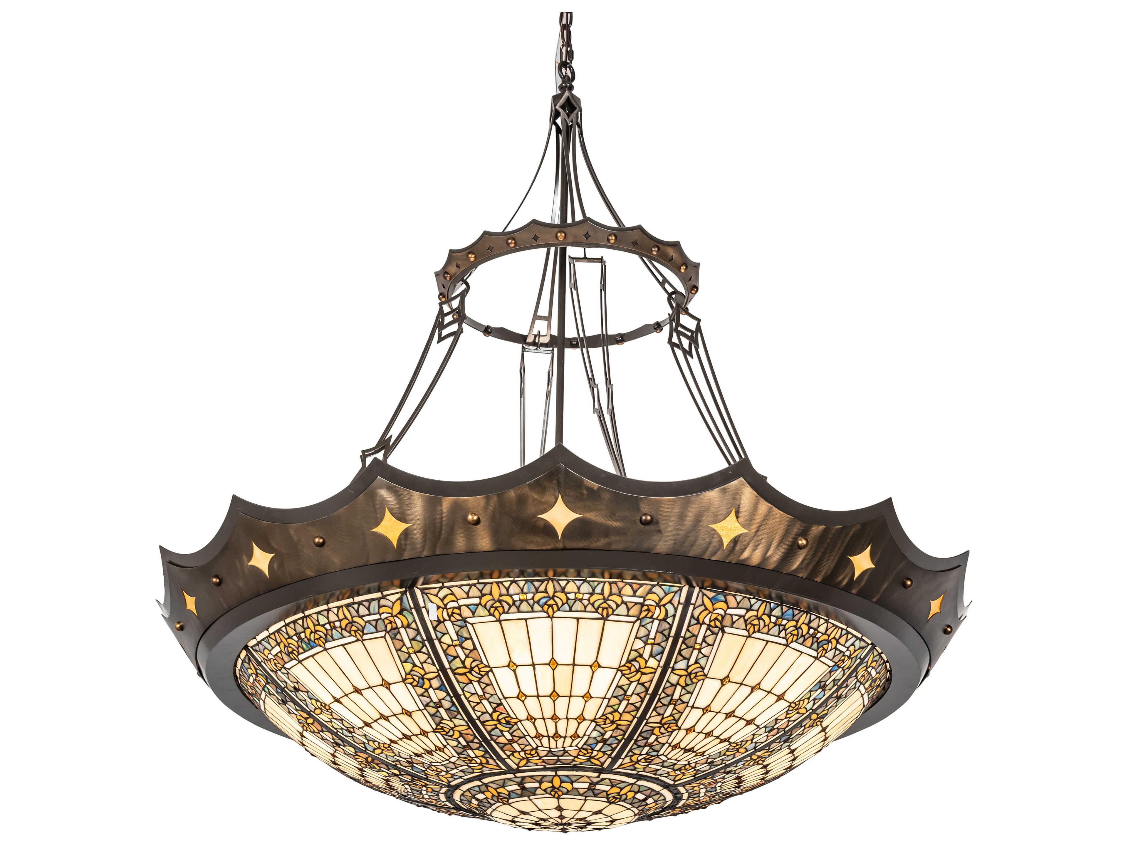 Fleur-de-lis 6-Light Antique Copper Timeless Bronze Brown Glass Tiffany Bowl Pendant