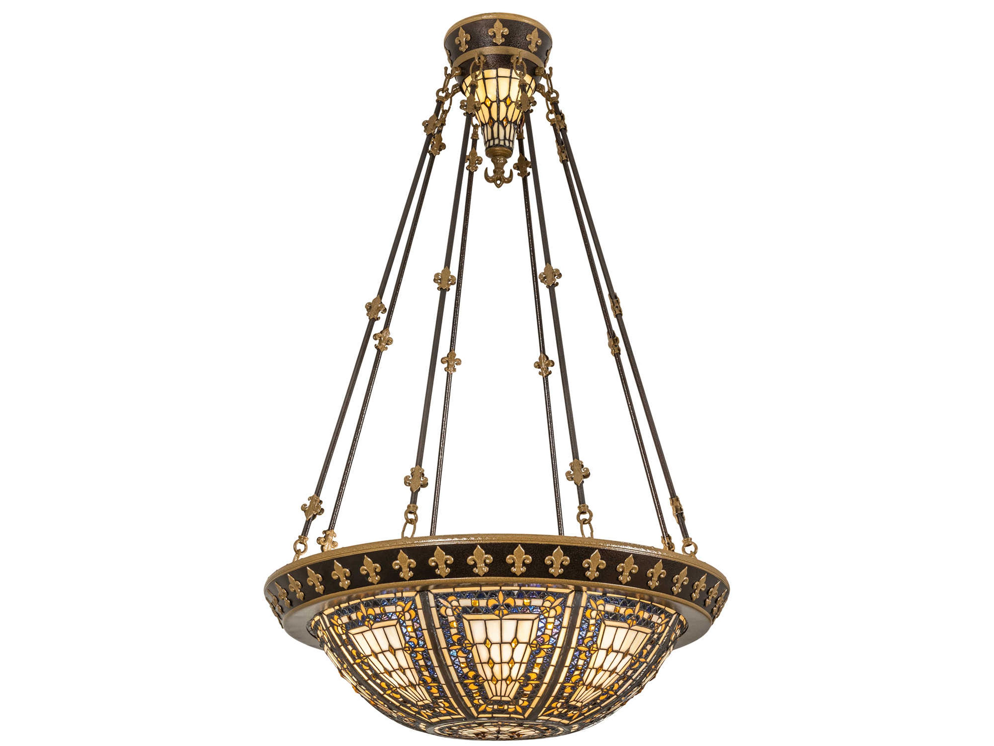 Fleur-de-lis 4 2-Light Brown Glass Tiffany Bowl Pendant