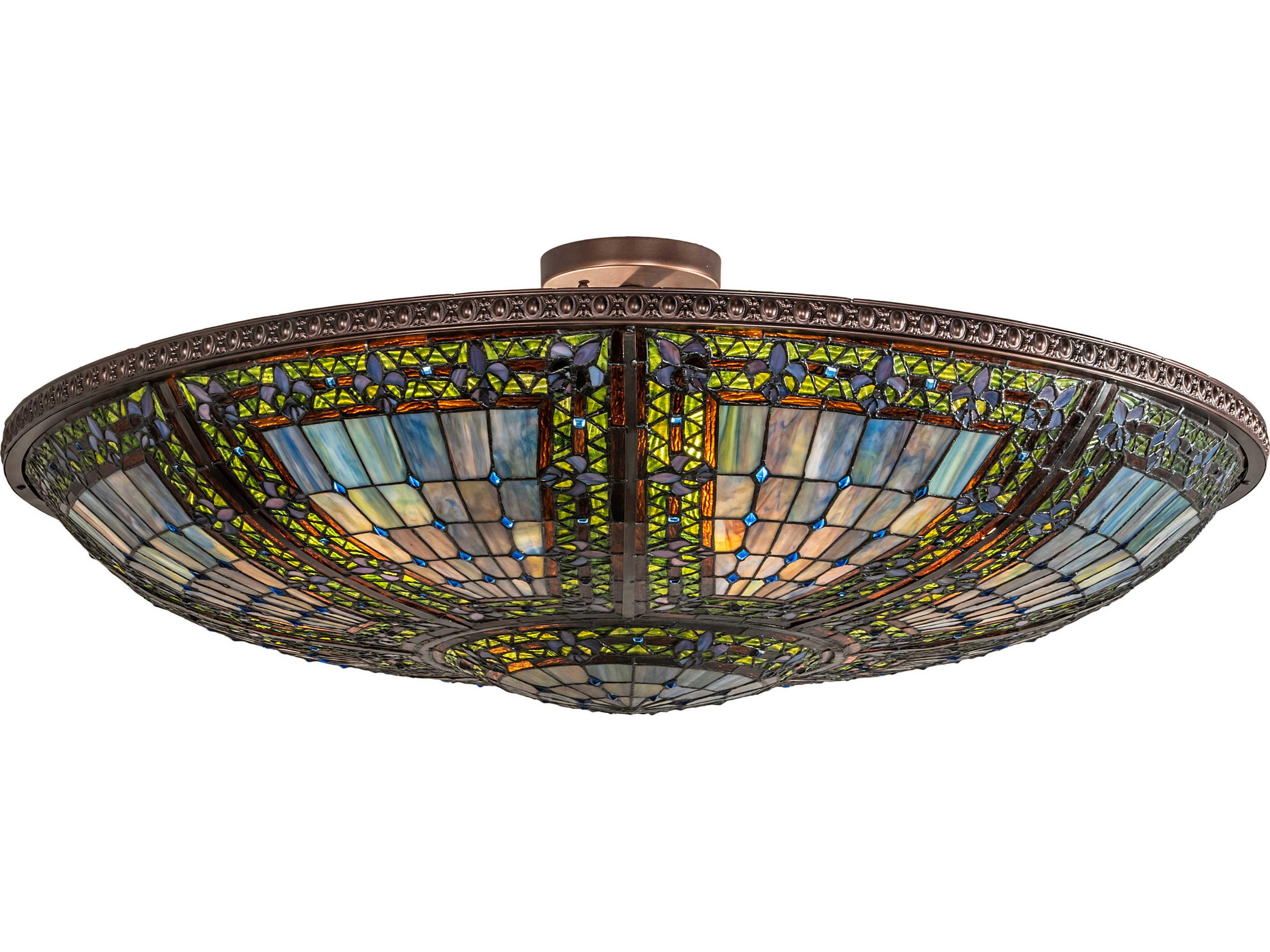 Fleur-de-lis 6-Light Mahogany Bronze Blue Glass Tiffany Bowl Semi Flush Mount