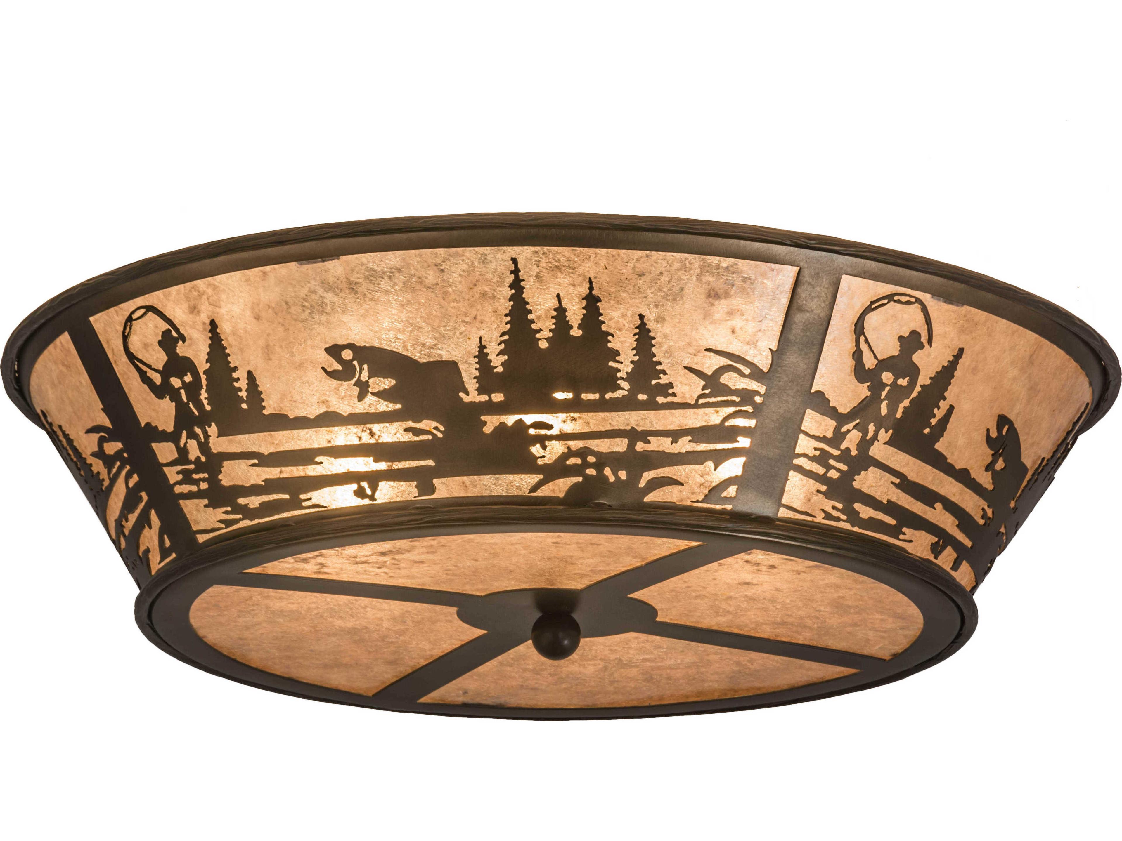 Fly Fishing 4-Light Copper Glass Bowl Geometric Flush Mount