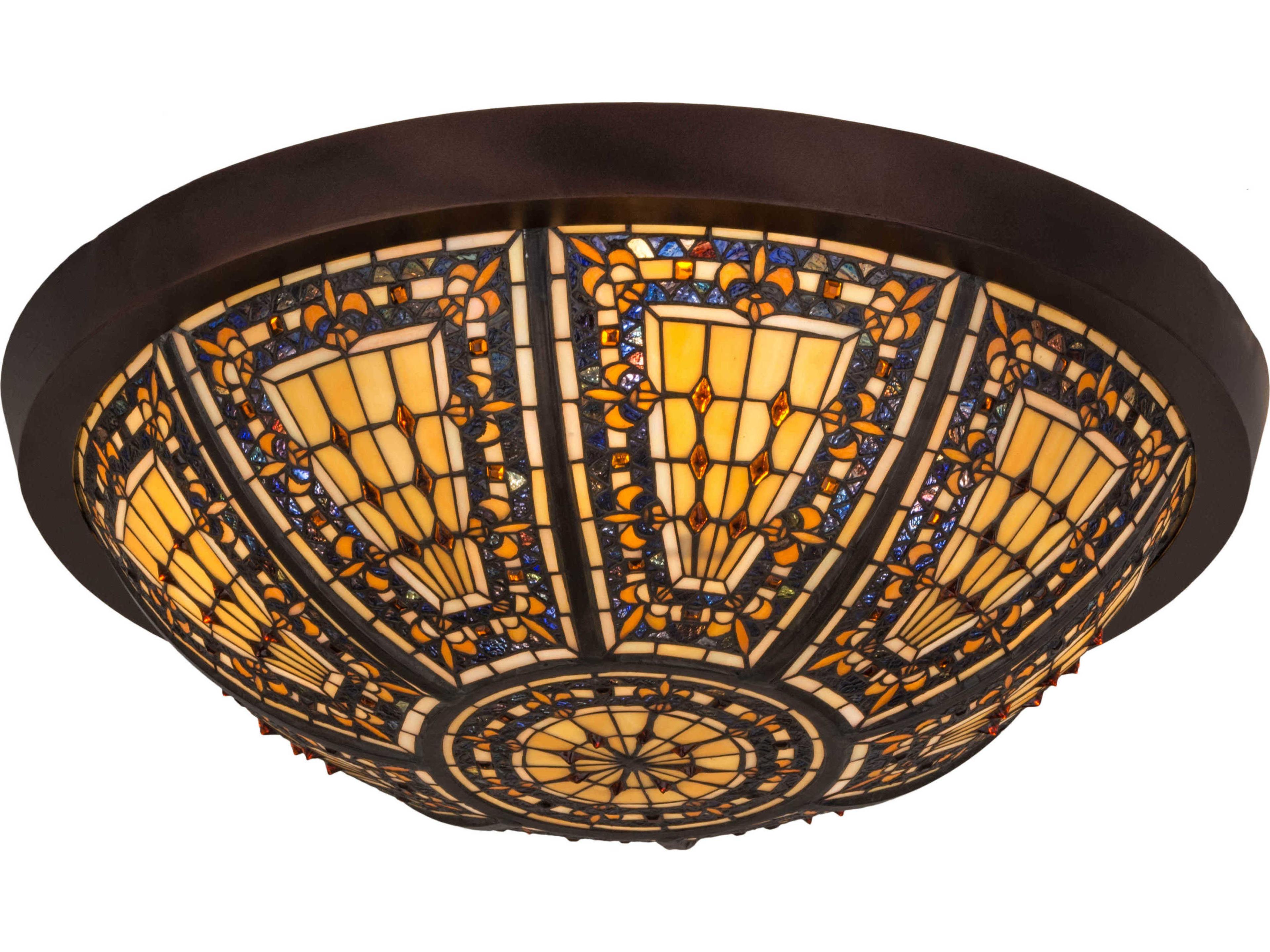 Fleur-de-lis 4-Light Bronze Glass Tiffany Bowl Flush Mount