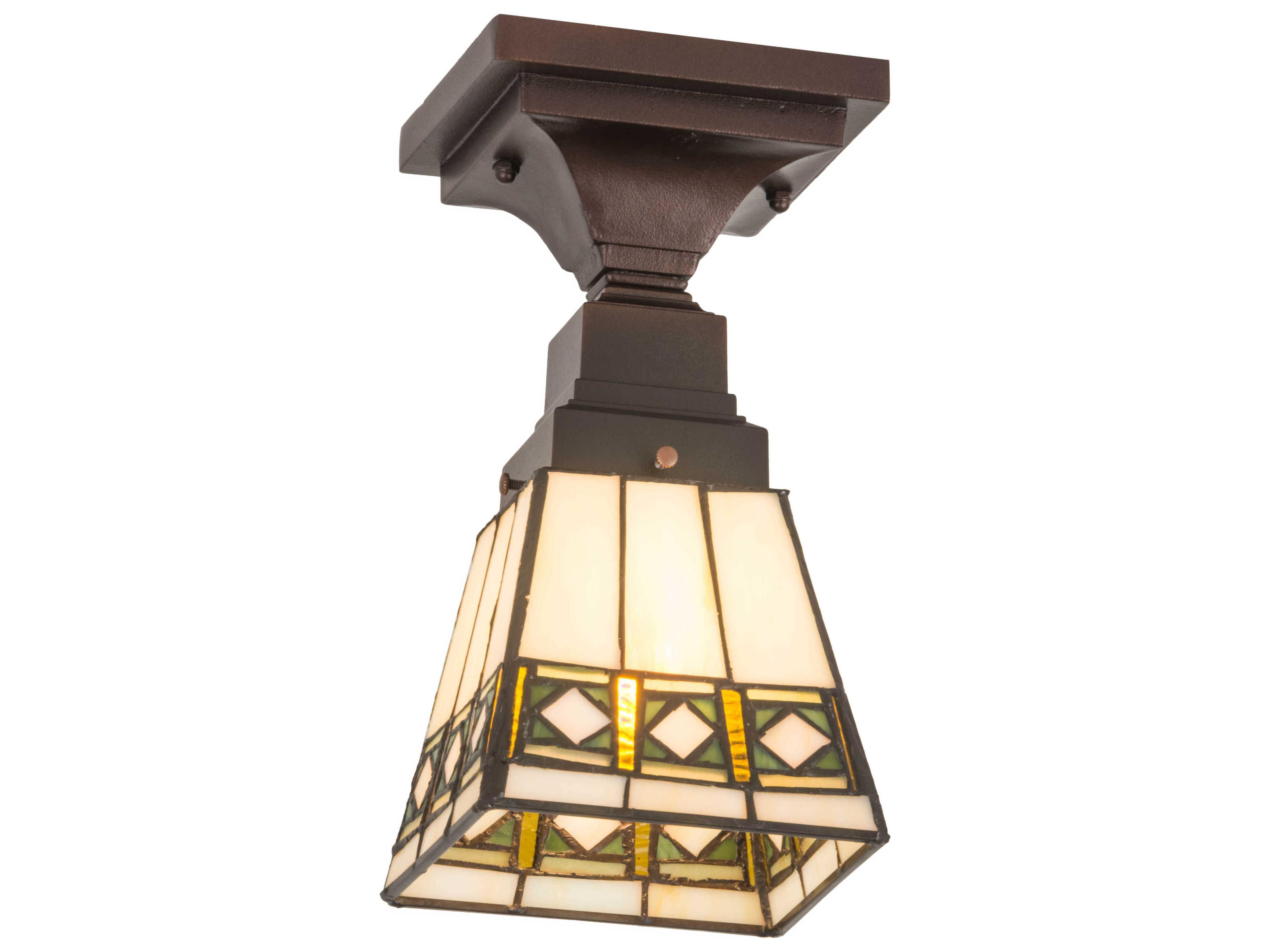 1-Light Bronze Glass Tiffany Flush Mount