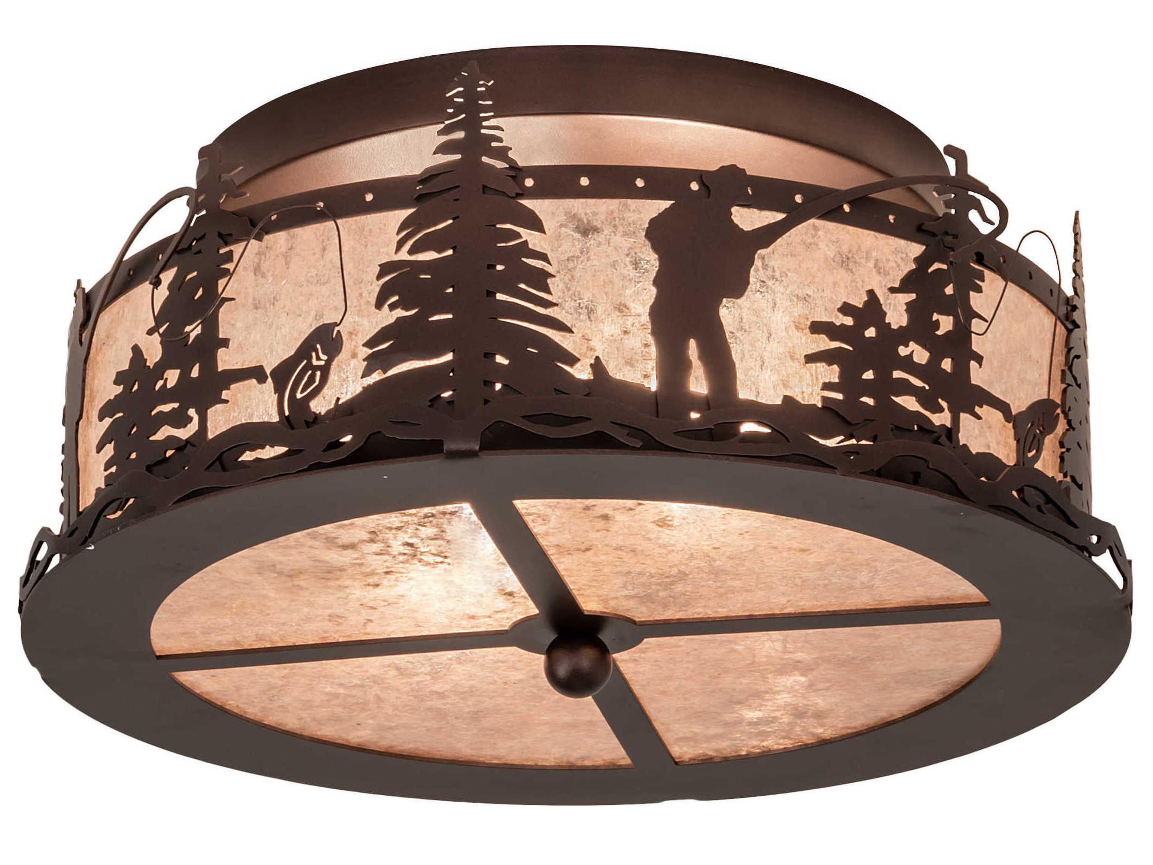Fly Fishing 2-Light Mahogany Bronze Silver Drum Flush Mount
