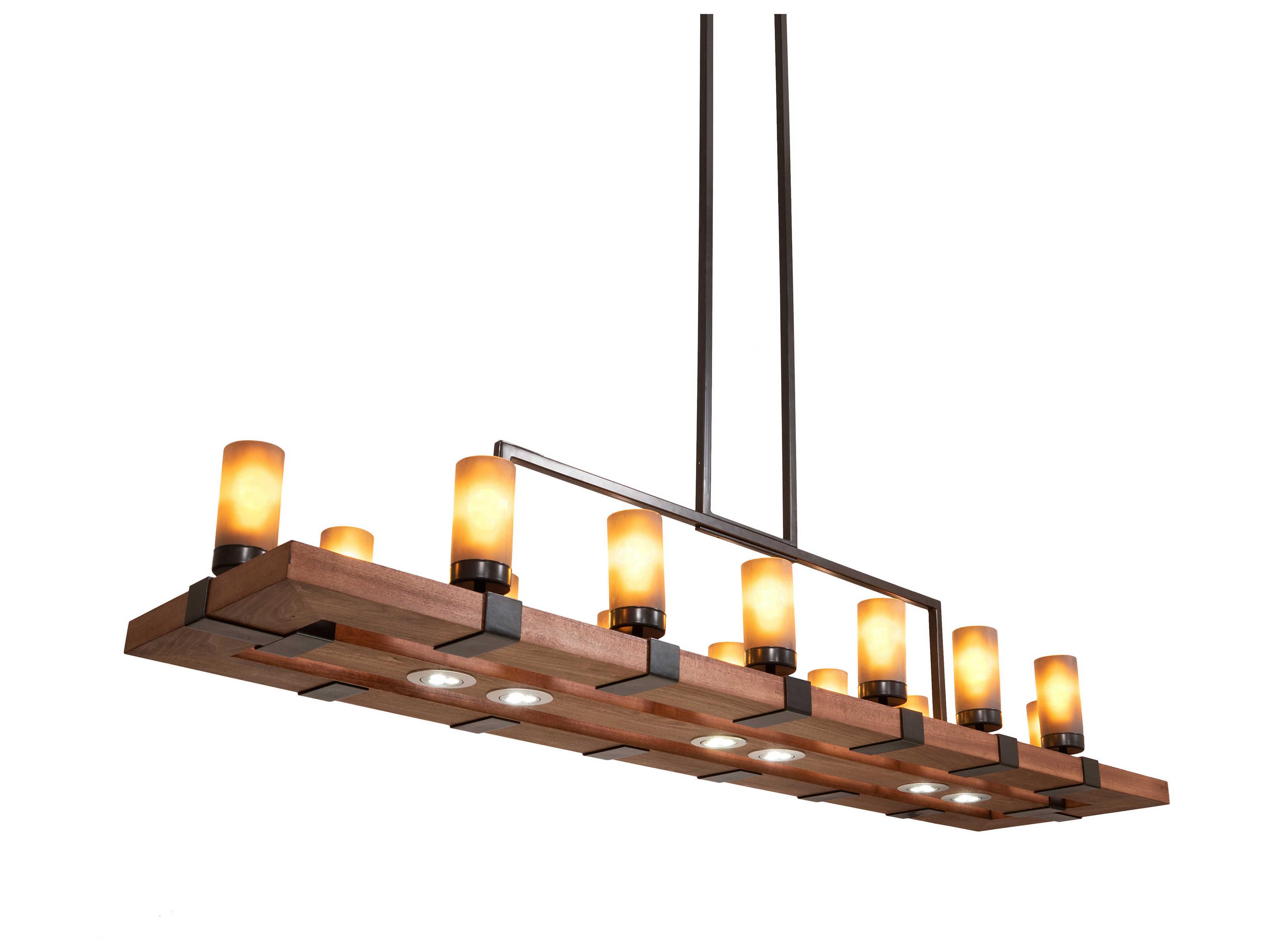 Grand Terrace 14-Light Natural Wood Timeless Bronze Brown Glass LED Cylinder Island Pendant
