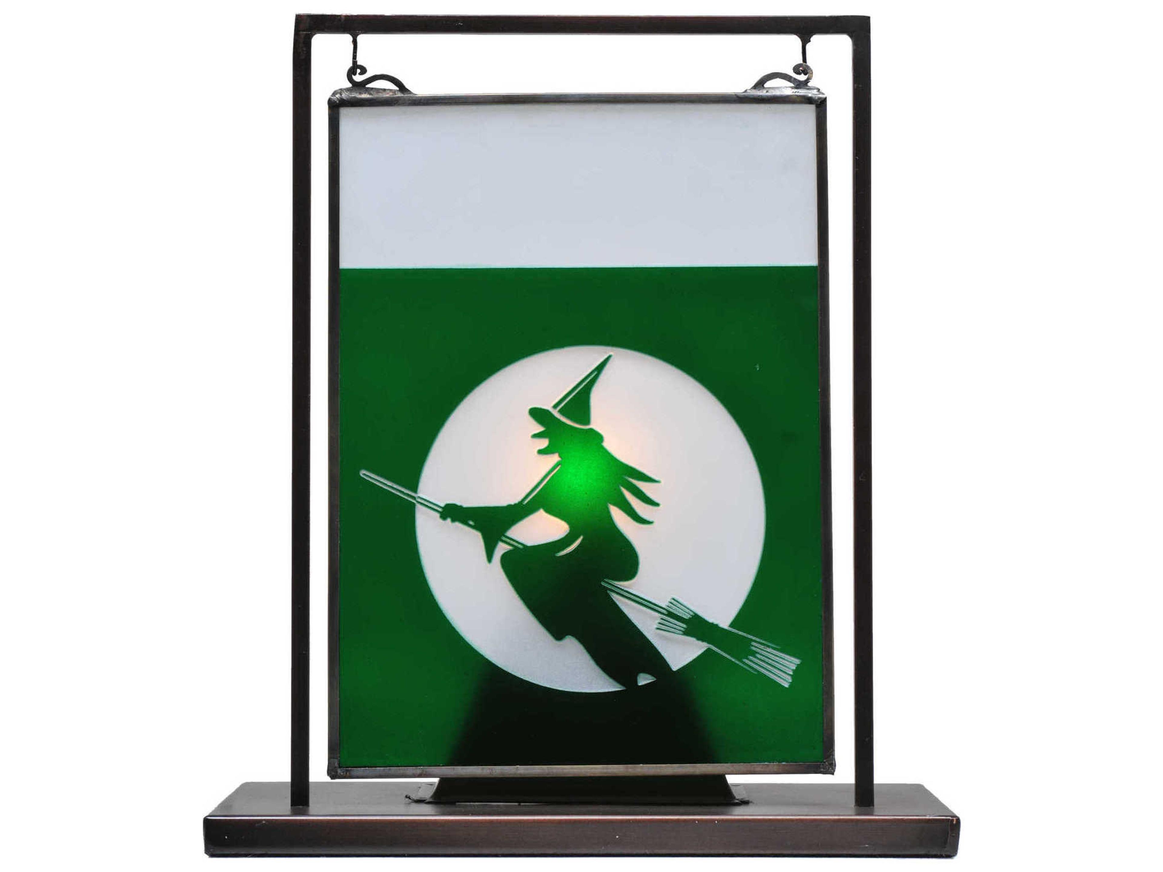 Witch On Broom Etched Lighted Mini Tabletop Window