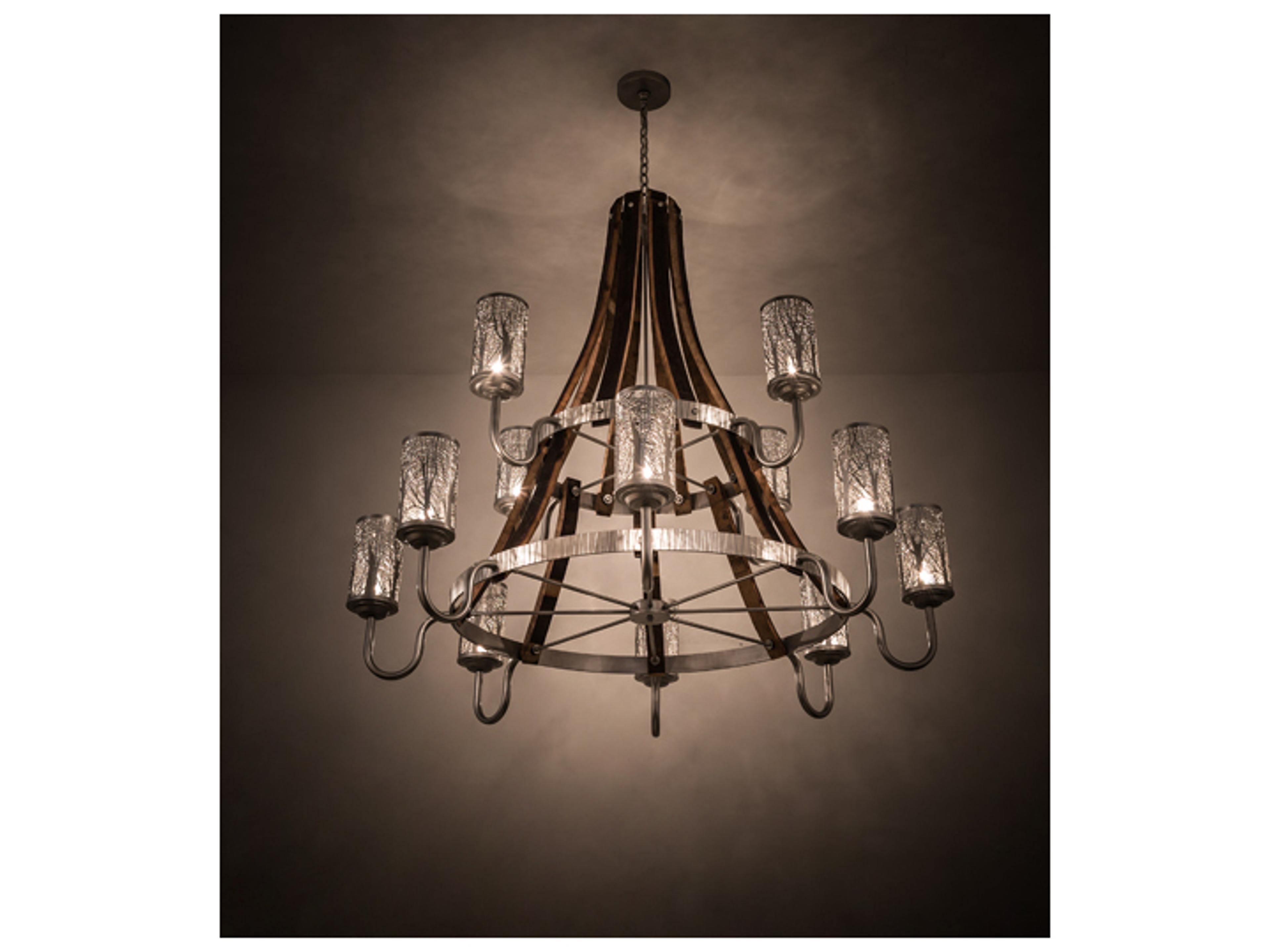 Barrel Stave 12-Light Nickel Natural Wood Brown Tiered Chandelier