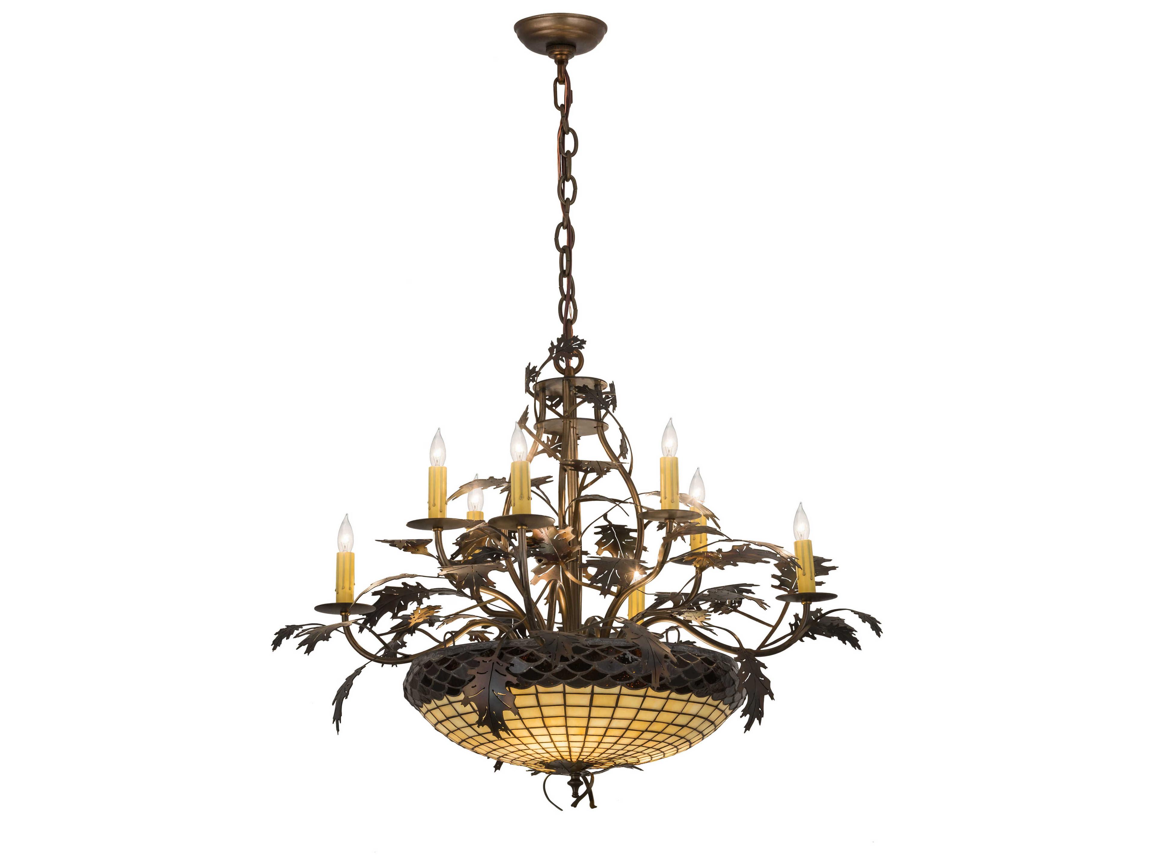 Greenbriar Oak 11-Light Brown Glass Tiffany Bowl Candelabra Chandelier