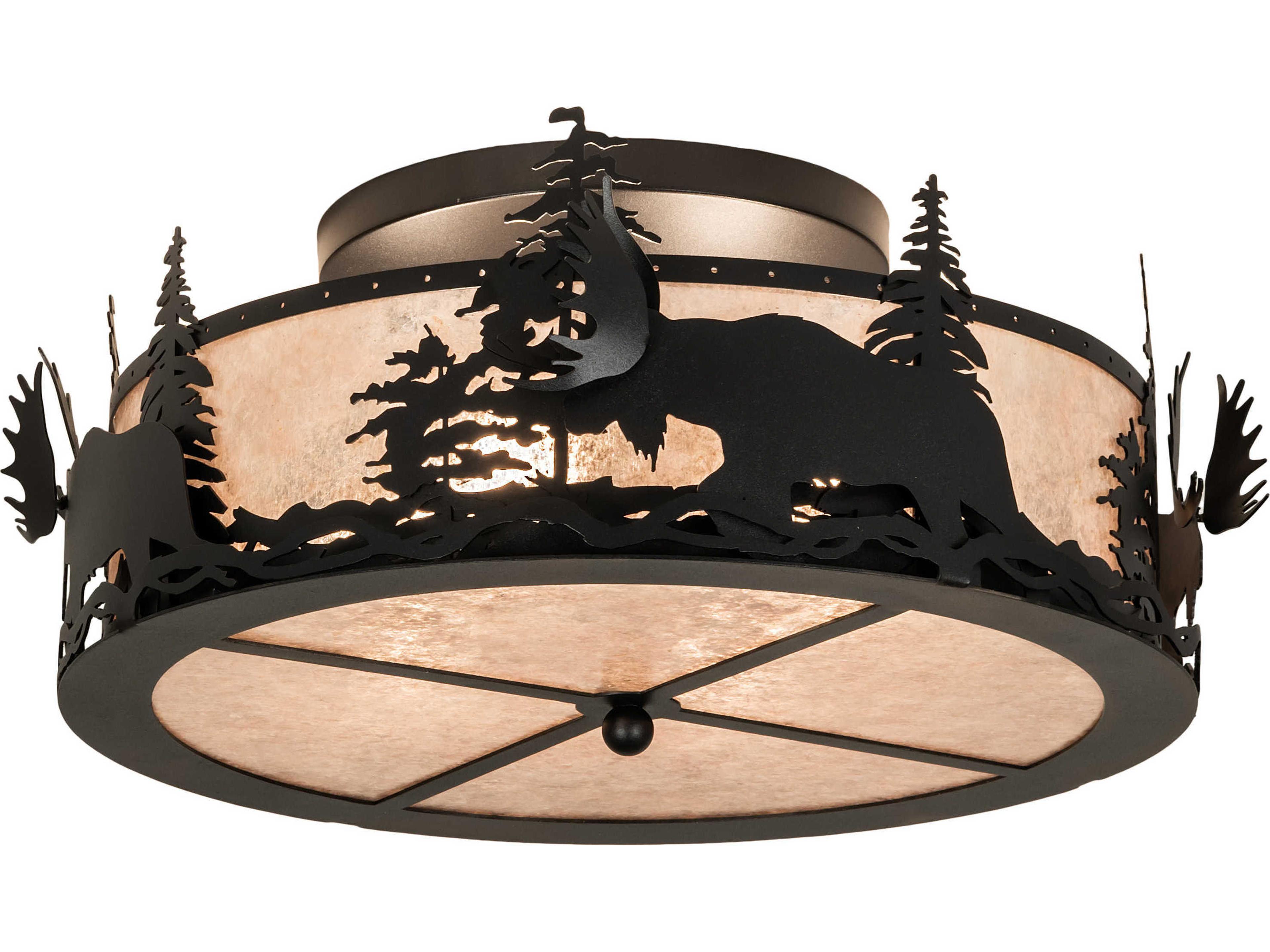 Moose At Dusk 2-Light Black Silver Mica Drum Flush Mount