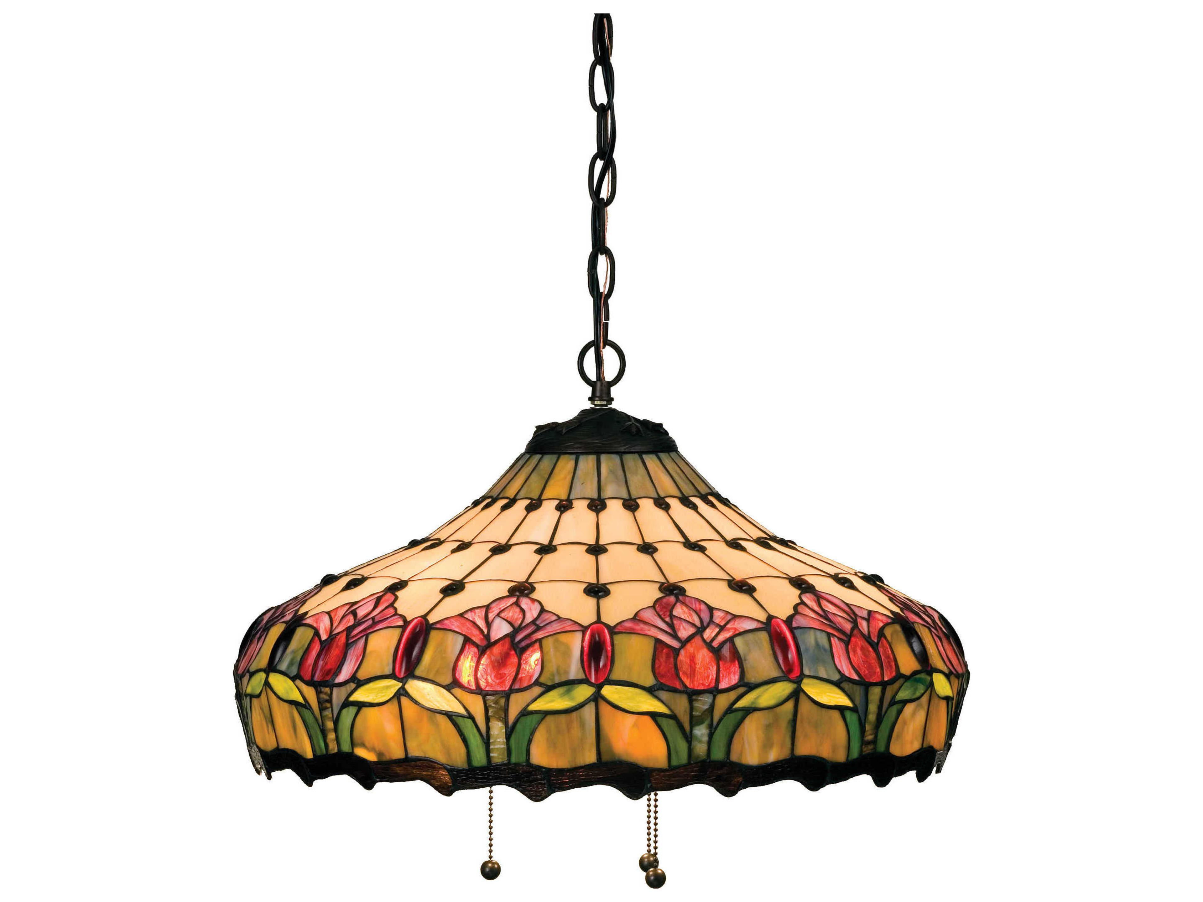 Colonial Tulip 3-Light Stained Glass Pendant in Mahogany Bronze