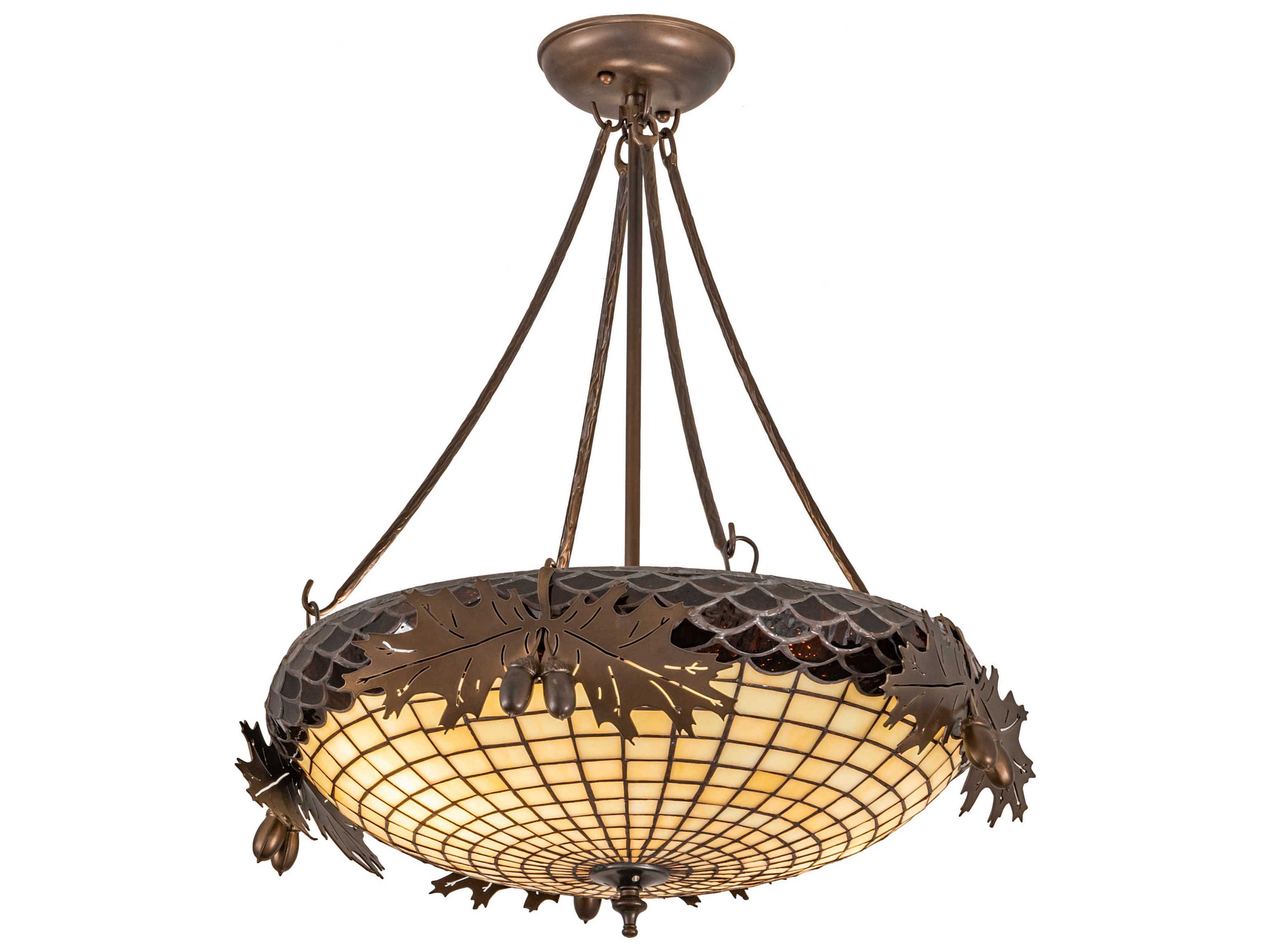 Oak Leaf & Acorn 2-Light Antique Copper Brown Glass Bowl Pendant