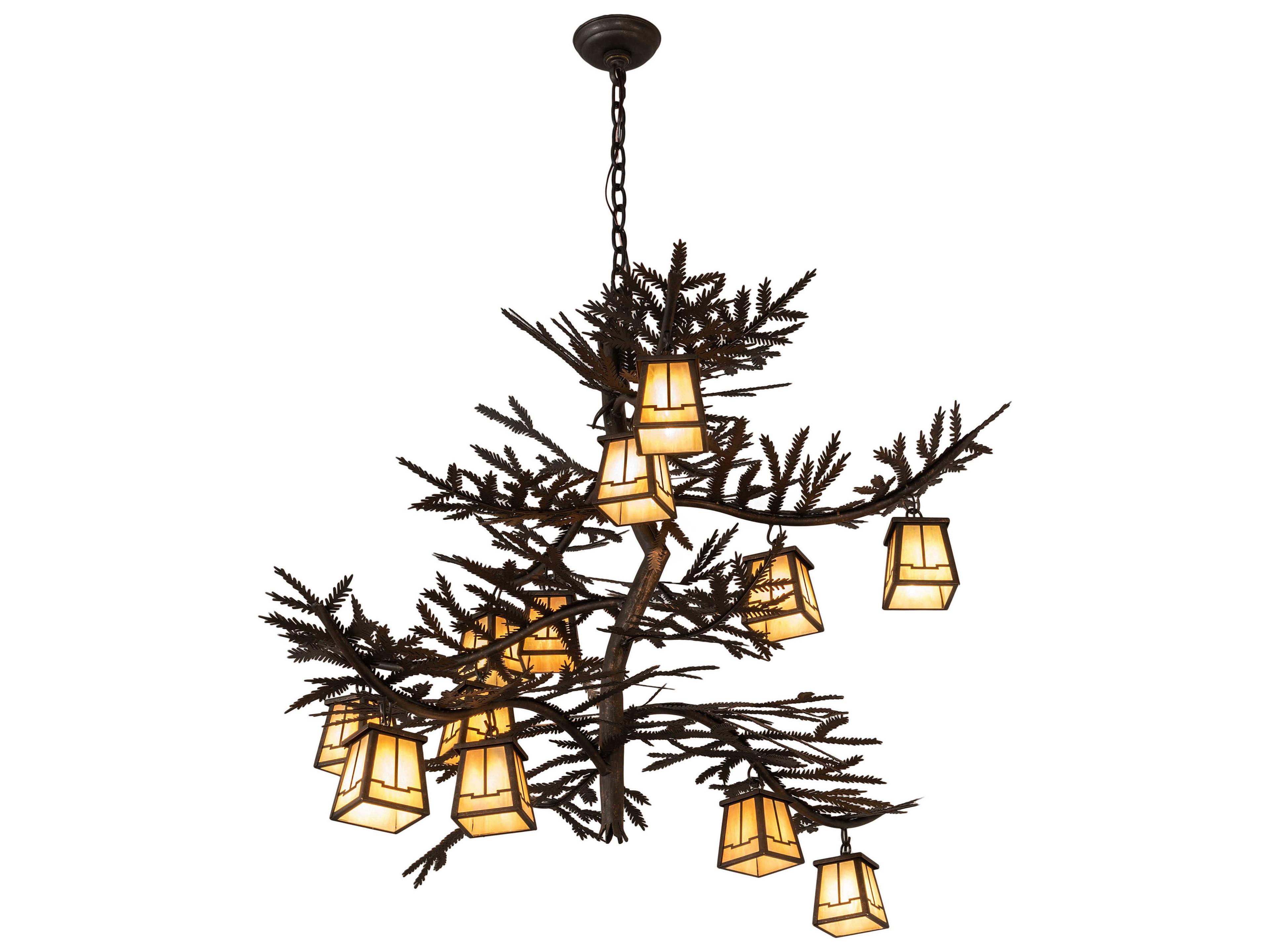 Pine Branch Valley View 12-Light Chocolate Beige Brown Glass Lantern Chandelier