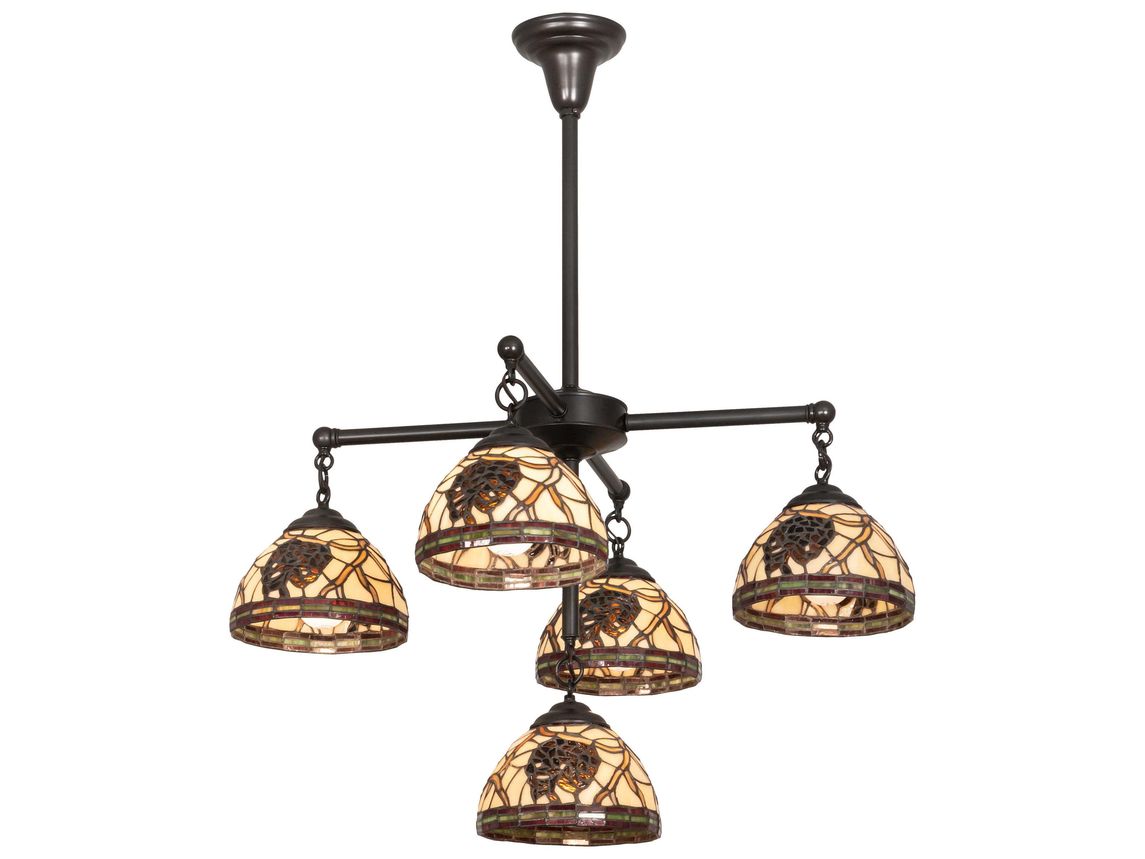 Pinecone 5-Light Craftsman Brown Green Glass Tiffany Bowl Chandelier
