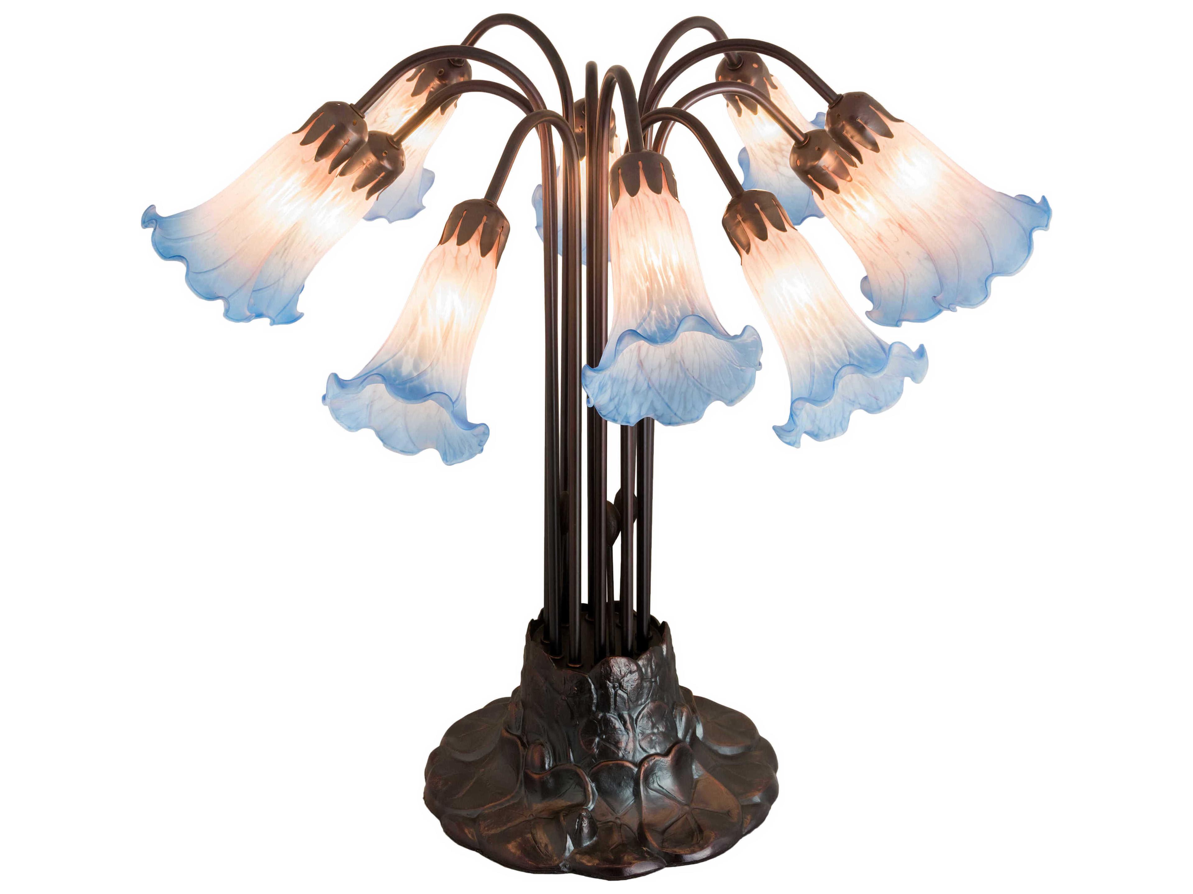 Pond Lily 10 - Light Mahogany Bronze Tiffany Table Lamp with Pink Blue Glass Shade