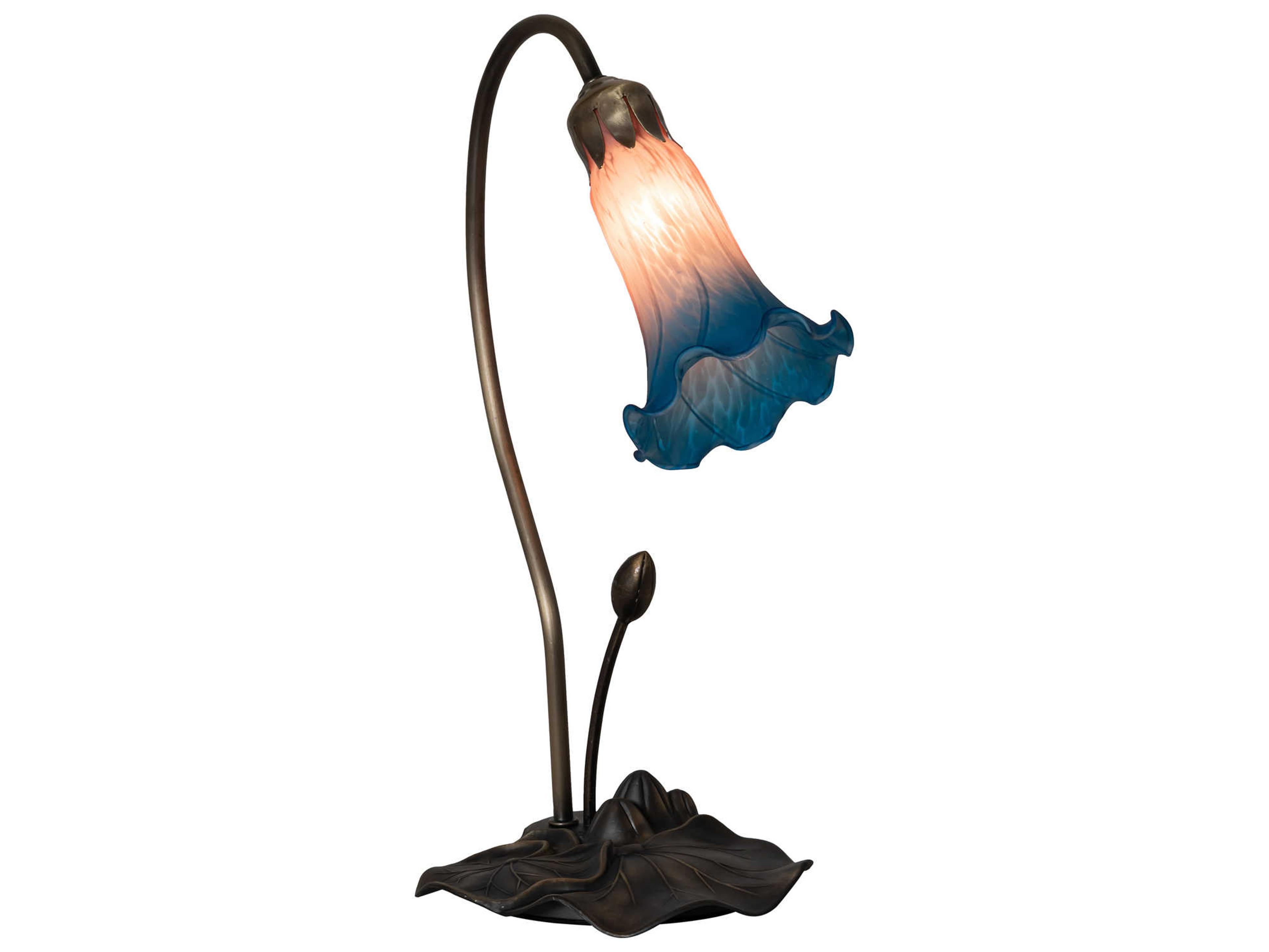 Pond Lily Glass Mahogany Bronze Table Lamp with Pink Blue Shade