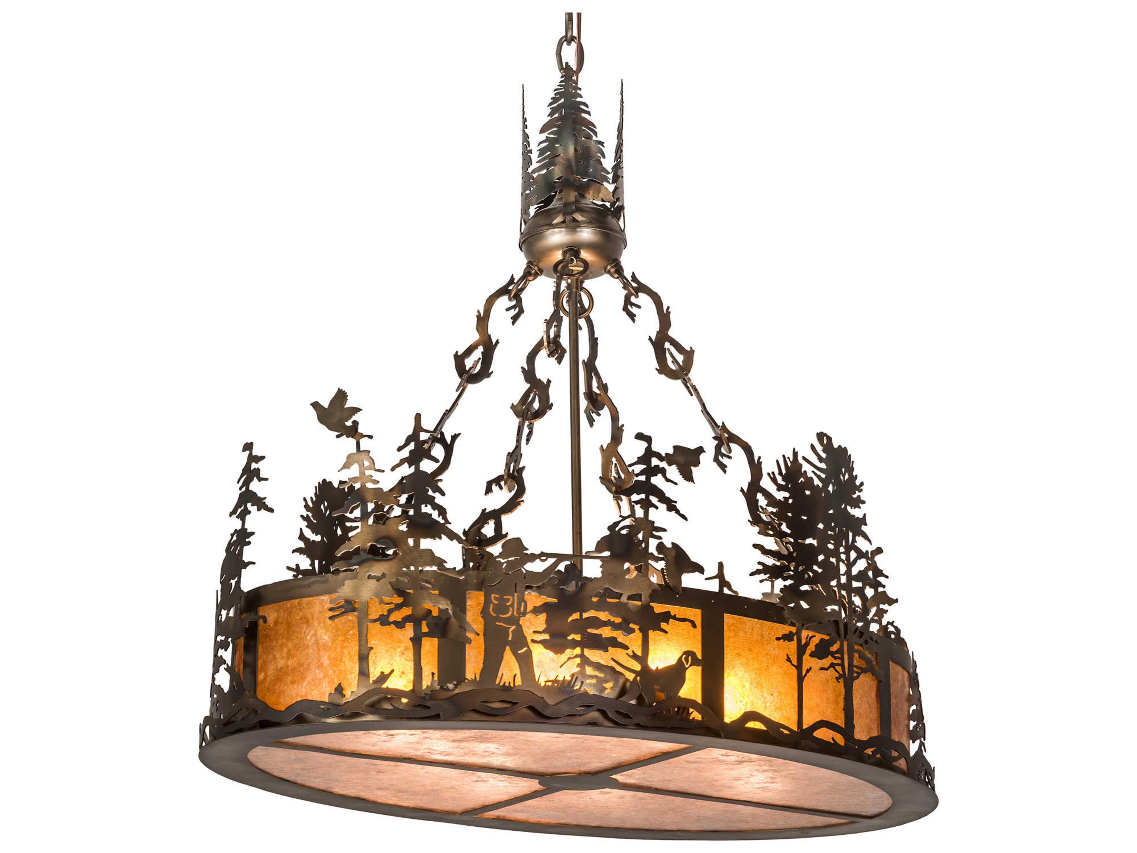 Quail Hunter with dog 8-Light Antique Copper Drum Island Pendant