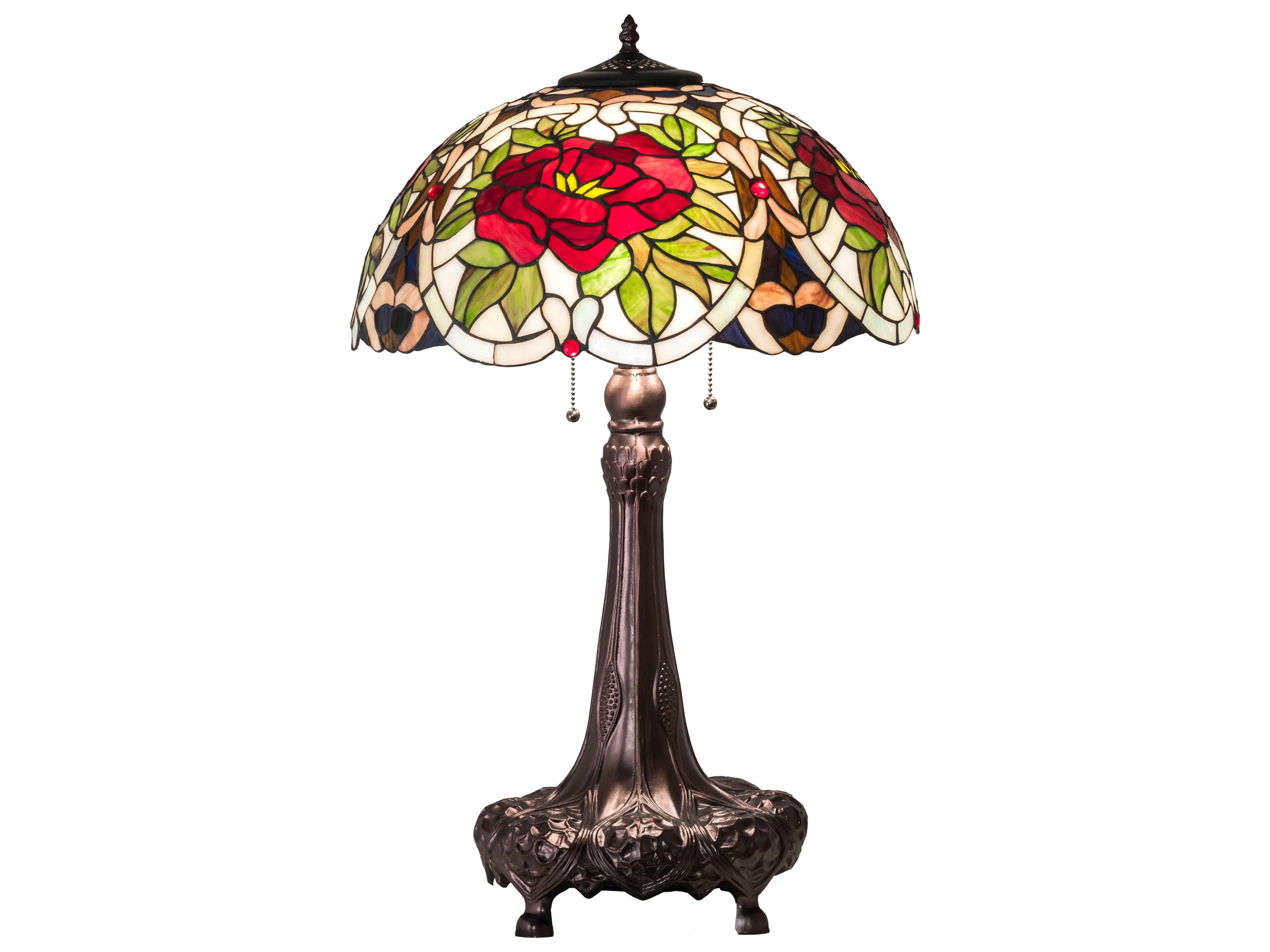 Renaissance Rose Glass Tiffany Mahogany Bronze Buffet Lamp