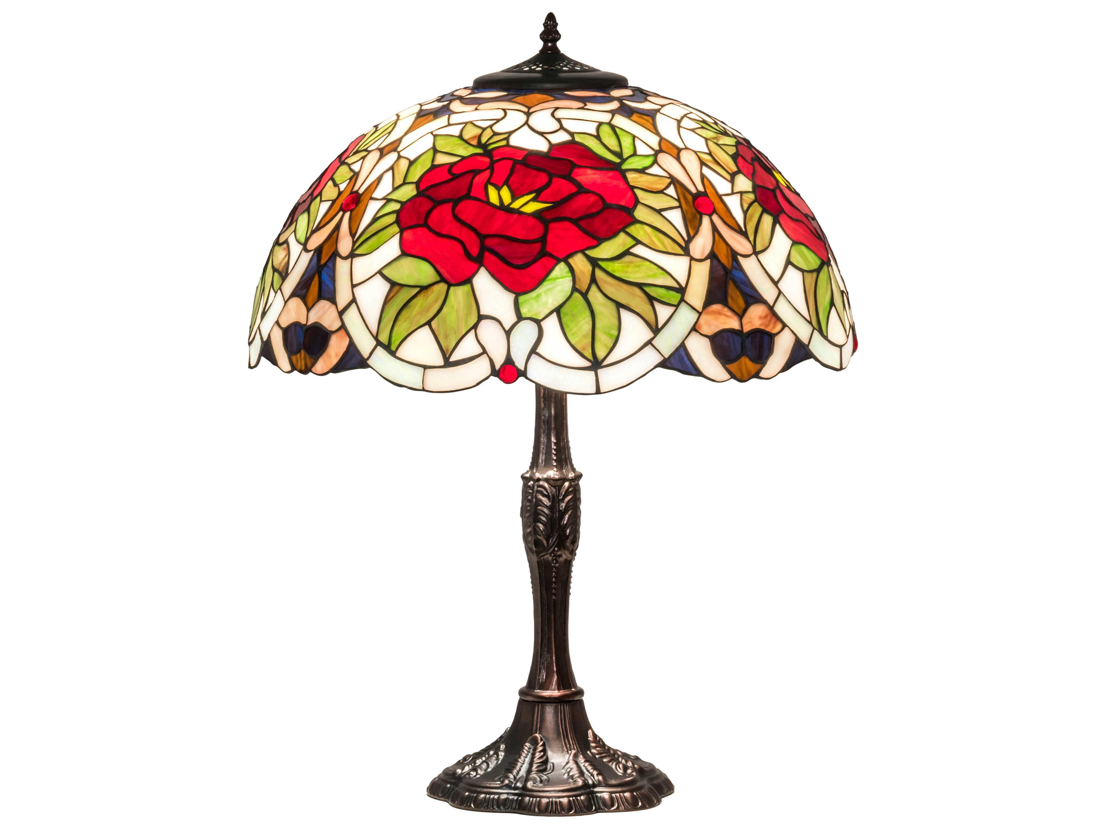 Renaissance Rose Glass Tiffany Mahogany Bronze Buffet Lamp