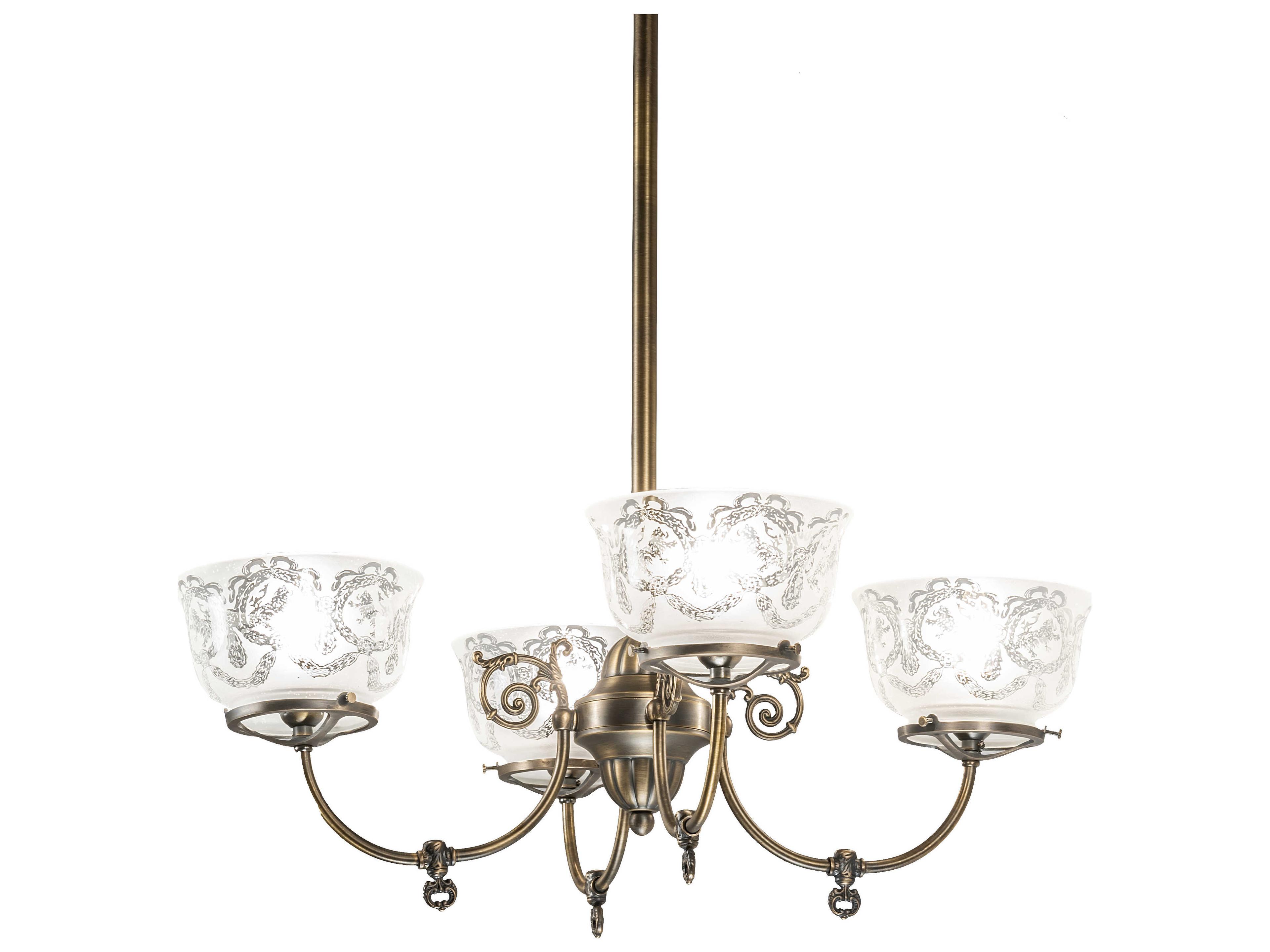 Revival Gas And Electric 4-Light Antique Brass Glass Bell Chandelier