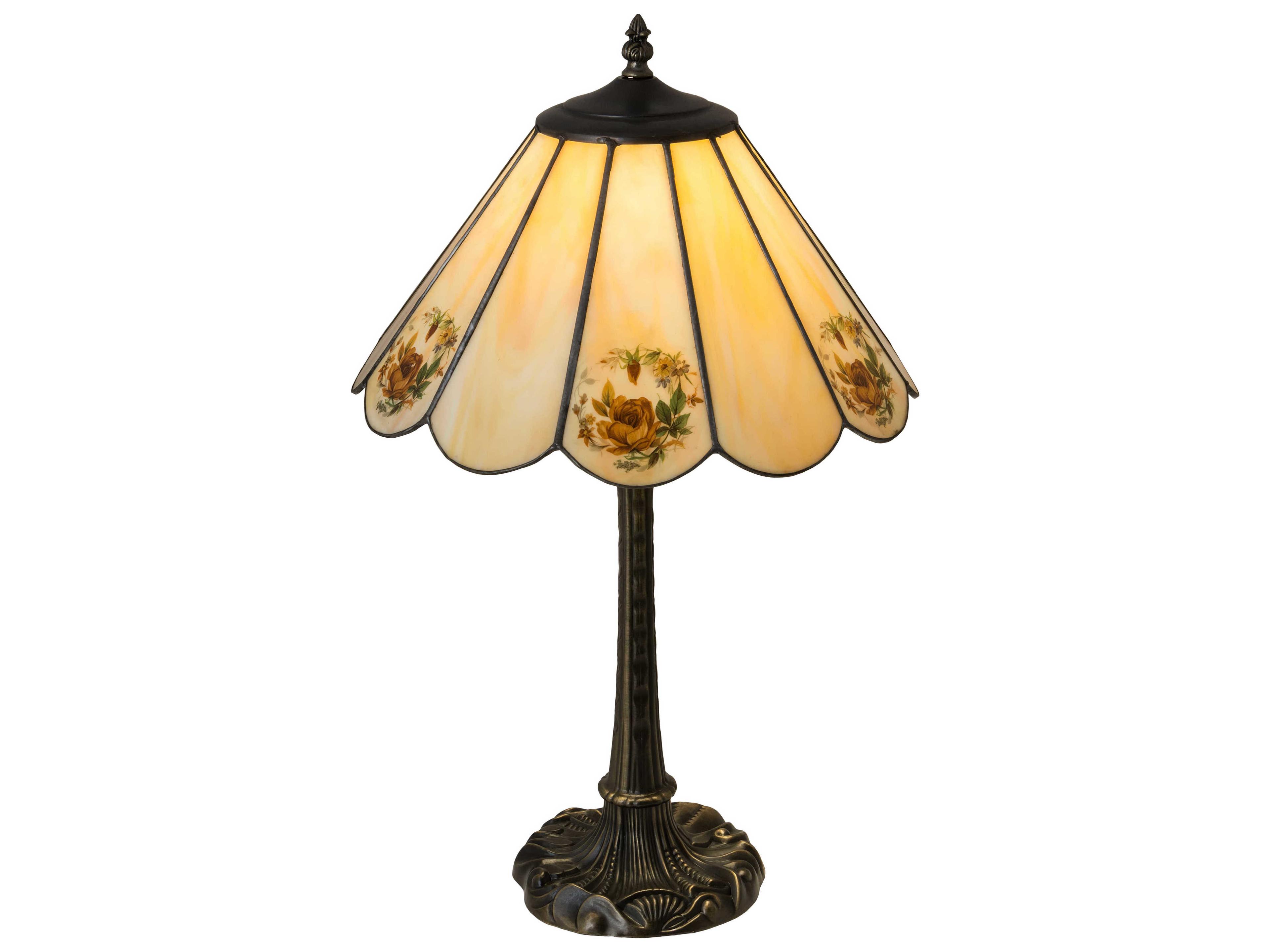 Roses Glass Coral Green Beige Off White Table Lamp