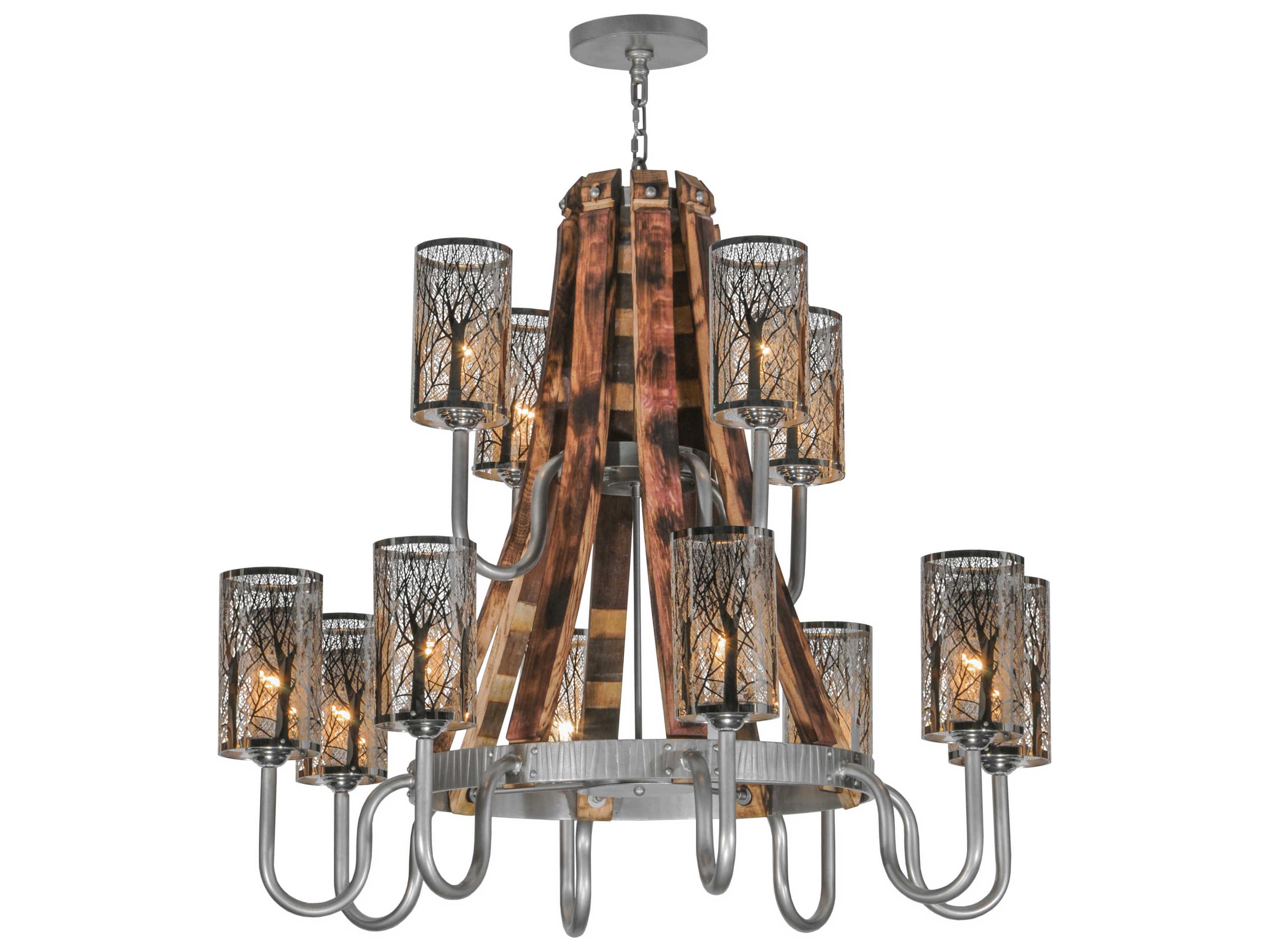 Barrel Stave 12-Light Brown Glass Candelabra Cylinder Tiered Chandelier