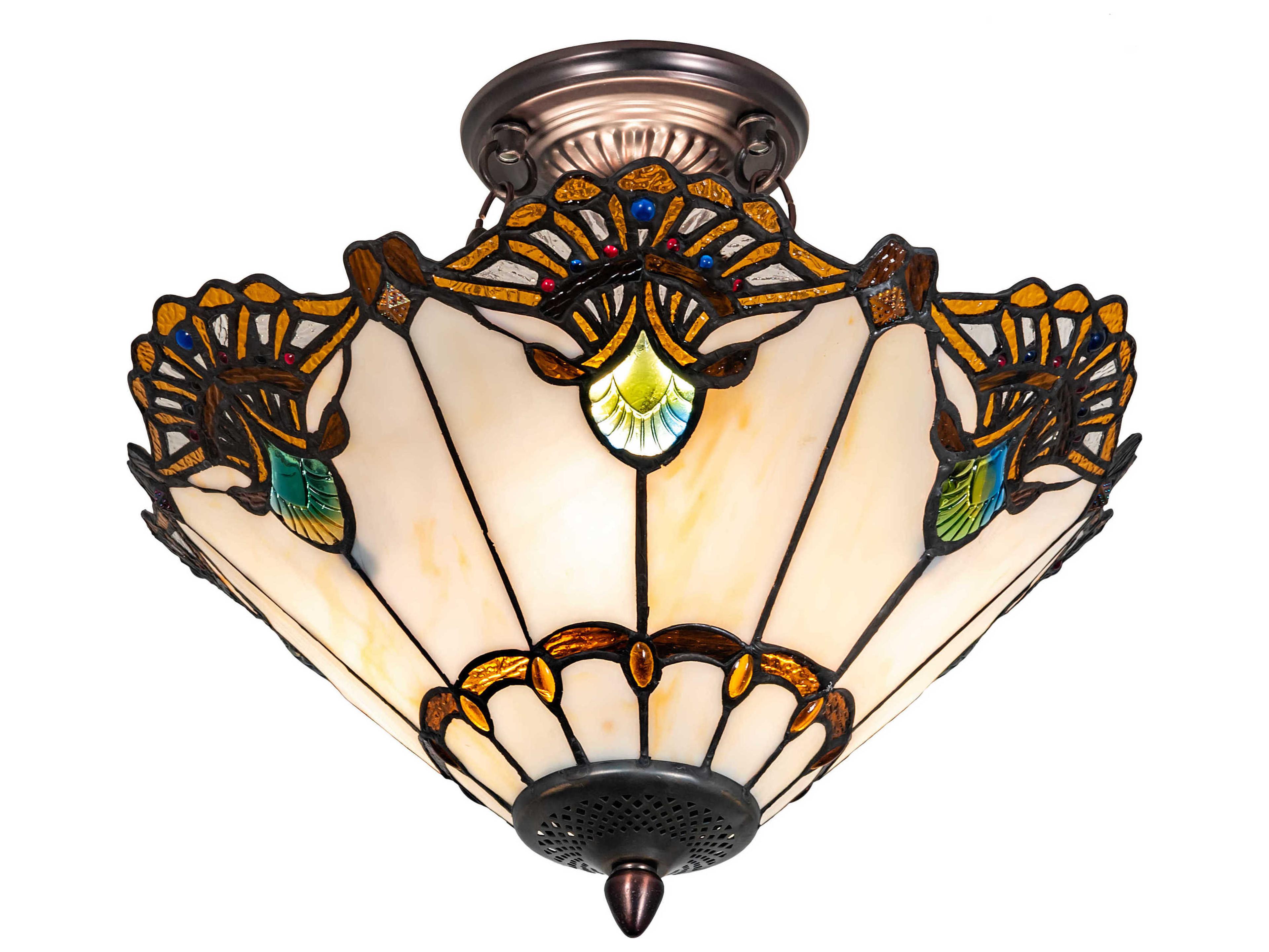 Shell With Jewels 3-Light Mahogany Bronze Blue Glass Tiffany Semi Flush Mount