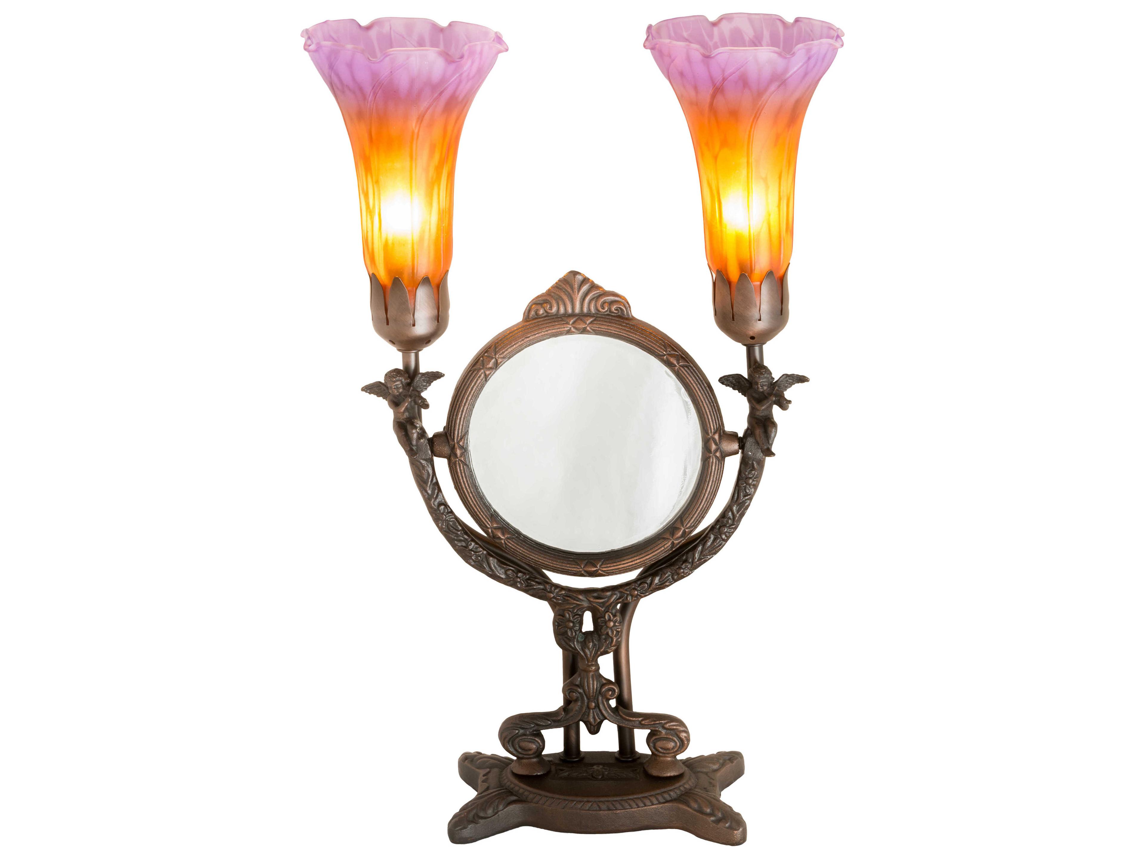 Pond Lily Brown Table Lamp with Amber Purple Glass Shade and Mirror