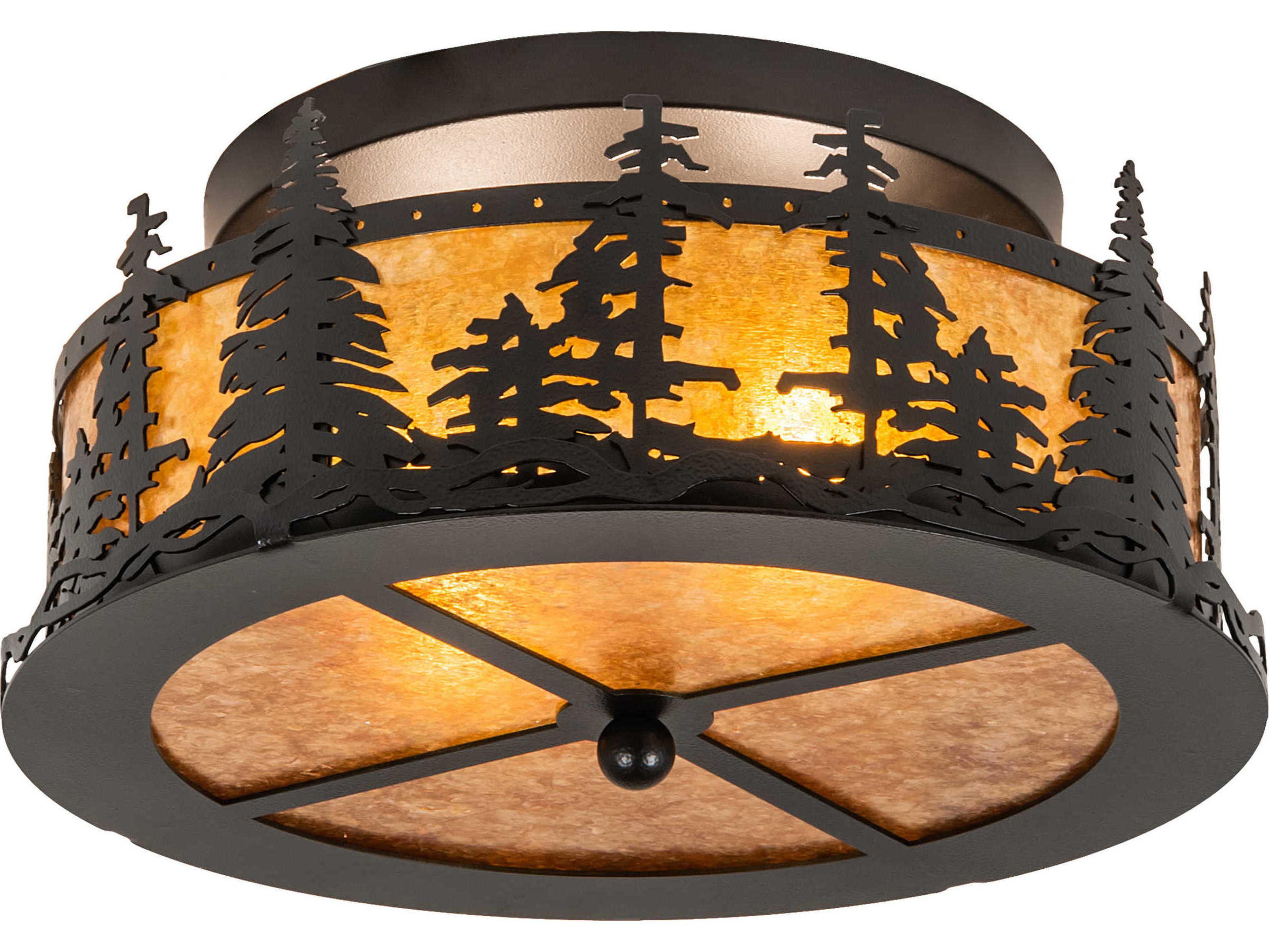Tall Pines 2-Light Black Amber Mica Brown Drum Flush Mount