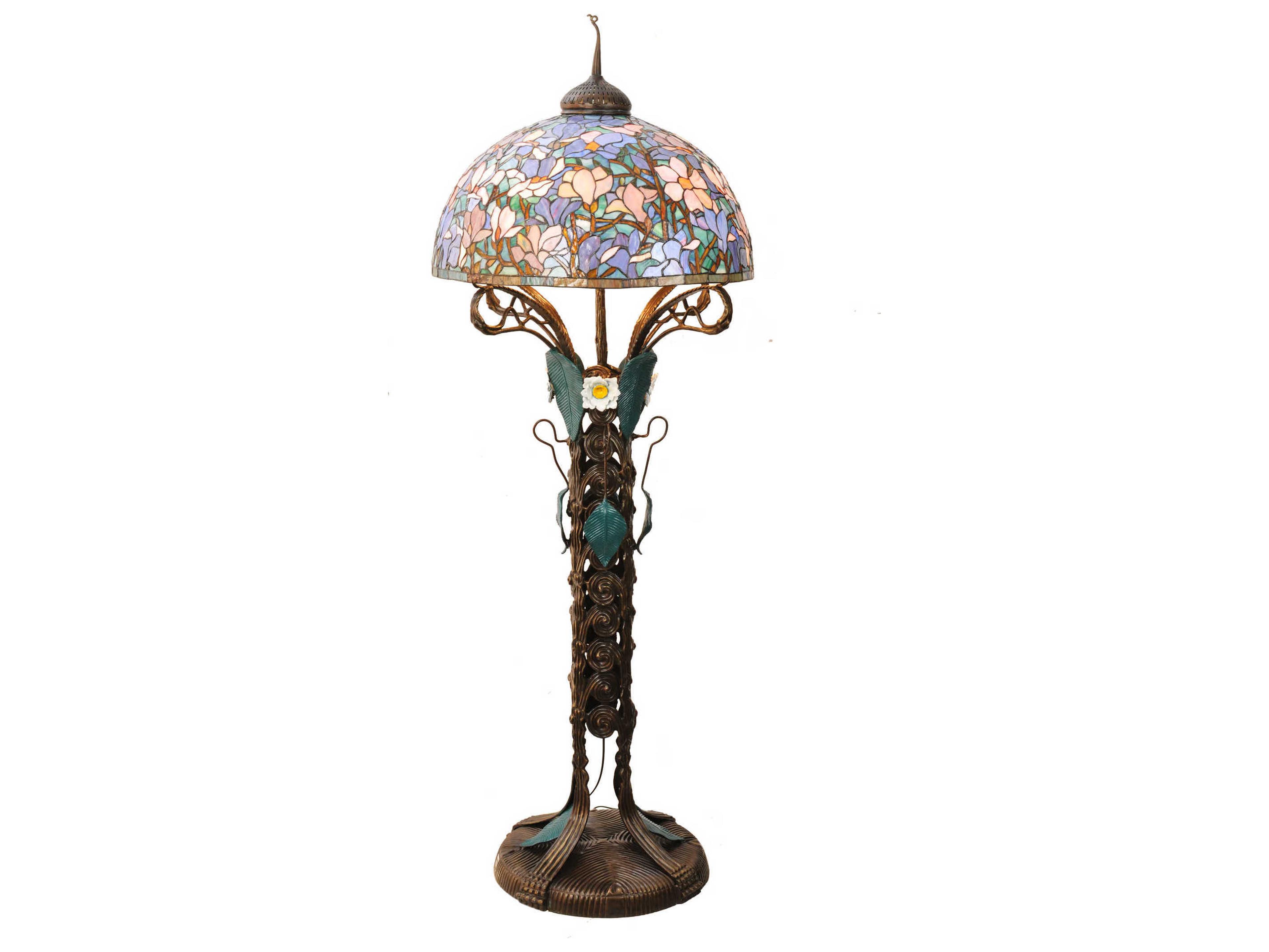 Tiffany Magnolia Nouveau Floral Brass Floor Lamp
