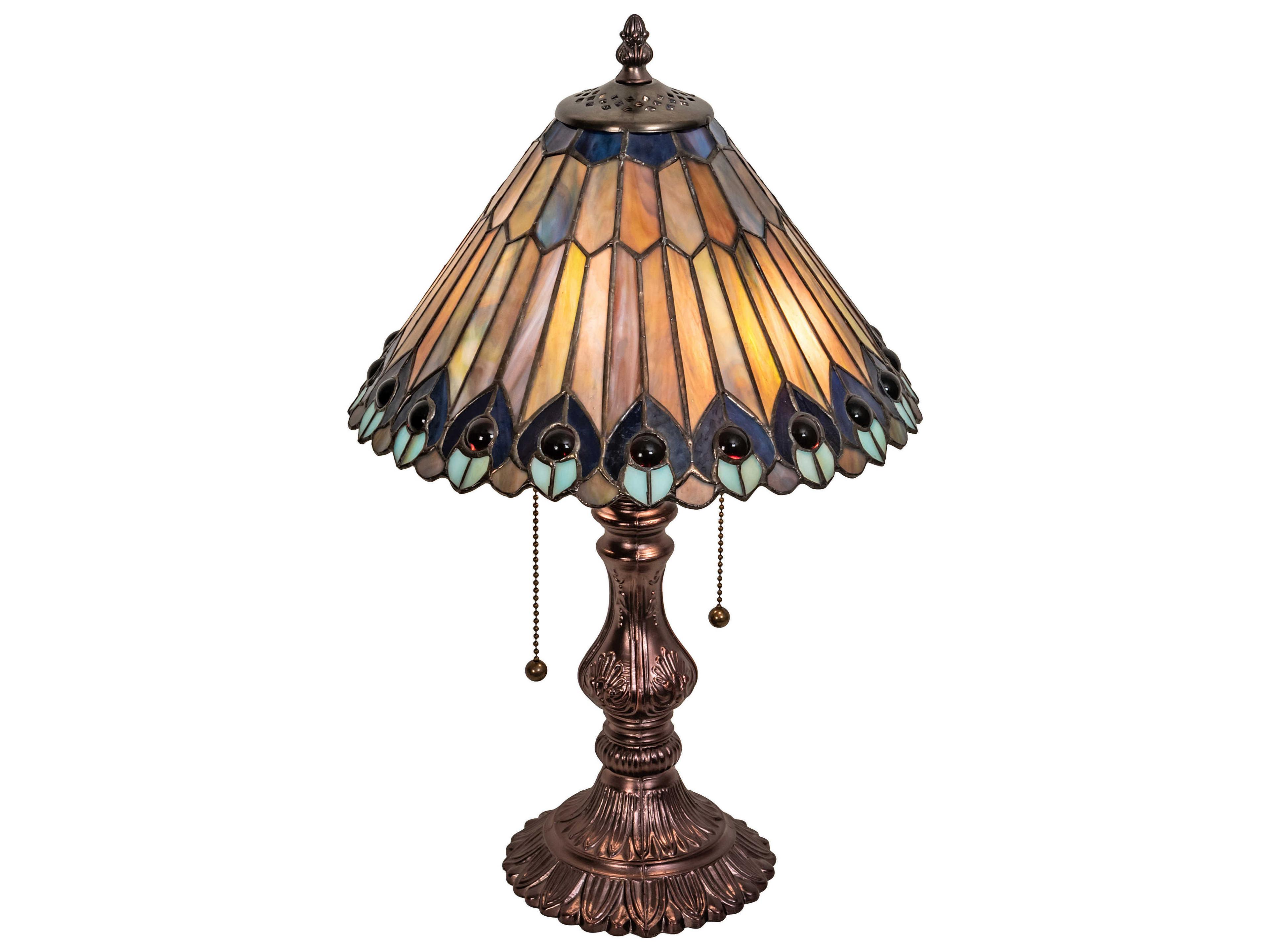 Tiffany Jeweled Peacock Glass Mahogany Bronze Blue Table Lamp