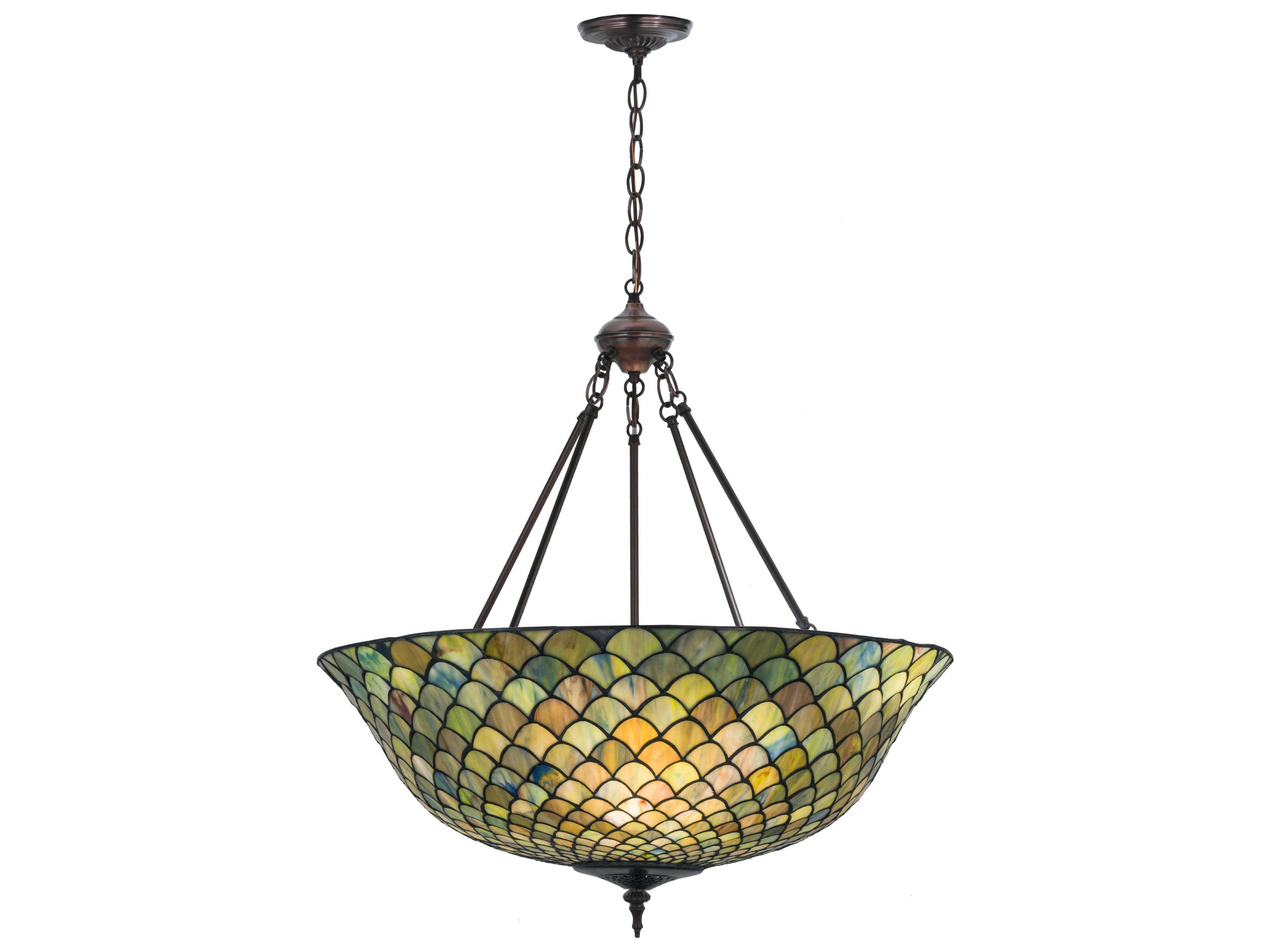 Tiffany Fishscale 3-Light Inverted Pendant in Craftsman Brown with Multi-Colored Art Glass