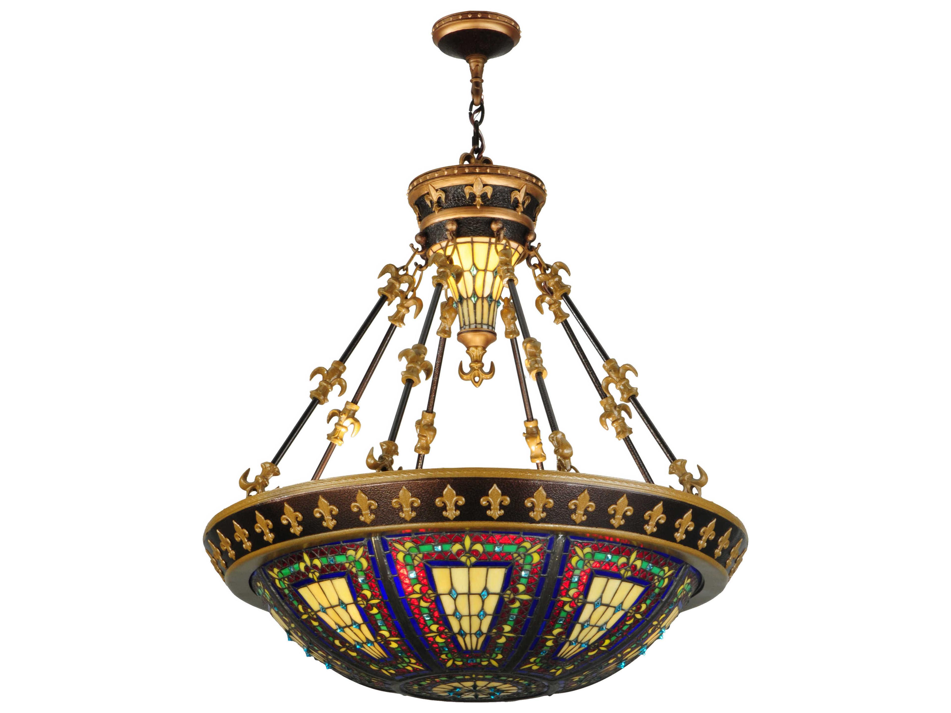 Fleur-de-lis 3-Light Gold Tiffany Bowl Pendant