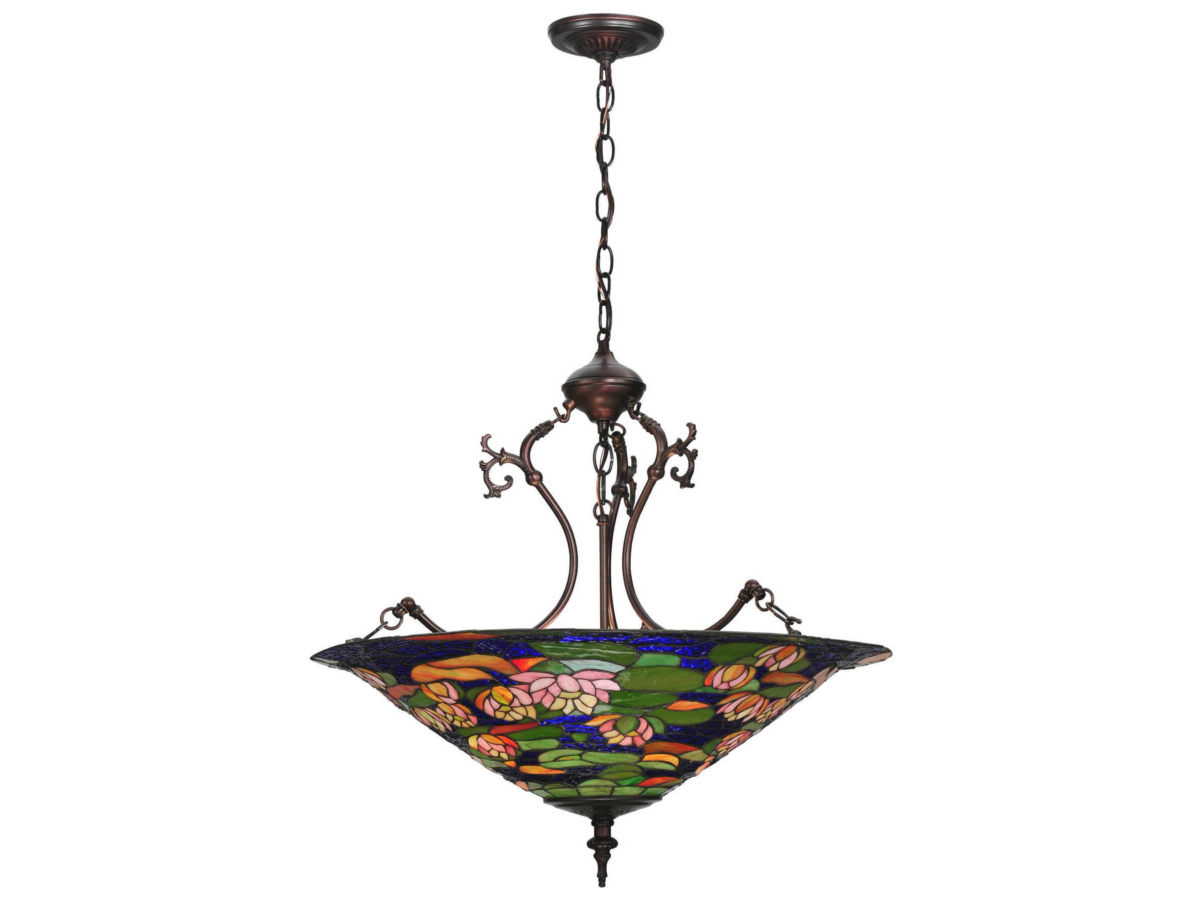 Tiffany Pond Lily 3-Light Inverted Pendant in Mahogany Bronze and Multi-Color Glass