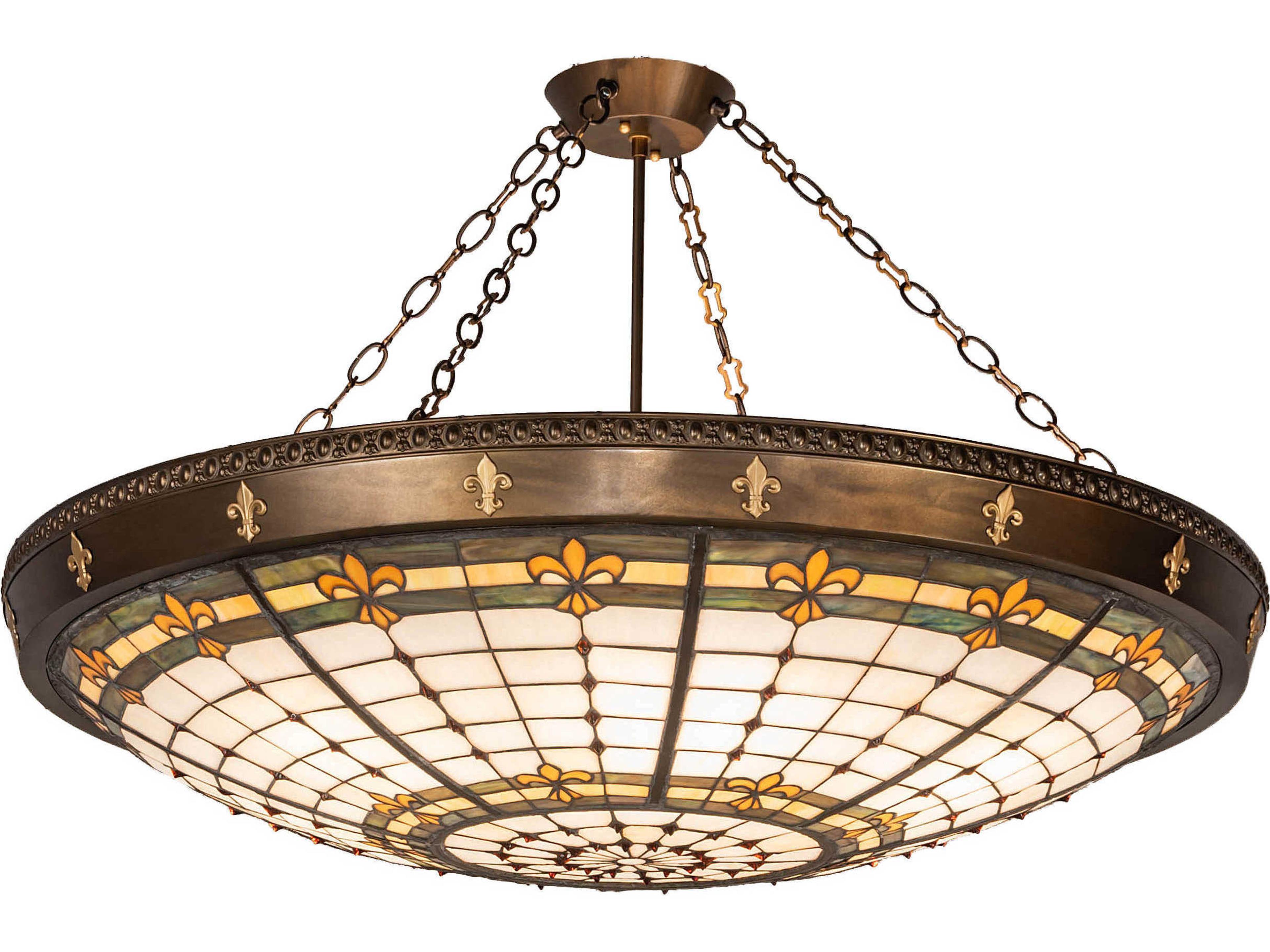 Fleur-de-lis 6-Light Brass Tiffany Bowl Semi Flush Mount