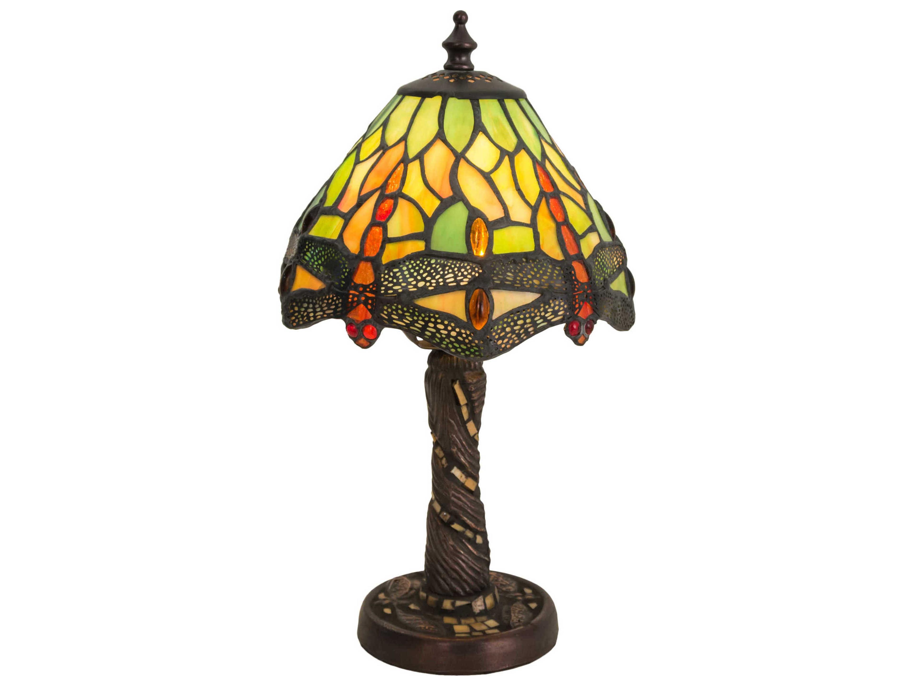 Tiffany Hanginghead Dragonfly with Twisted Fly Mosaic Base Mini Bronze Table Lamp